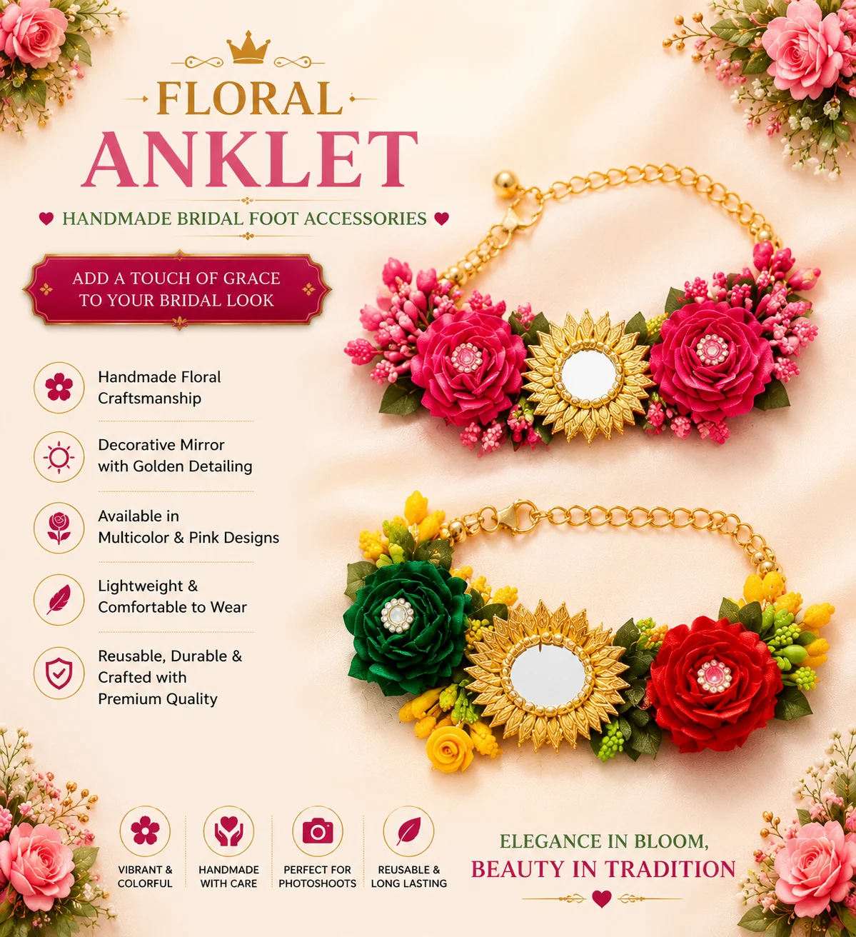 Elegant Floral Anklet Set – Vibrant Handmade Design