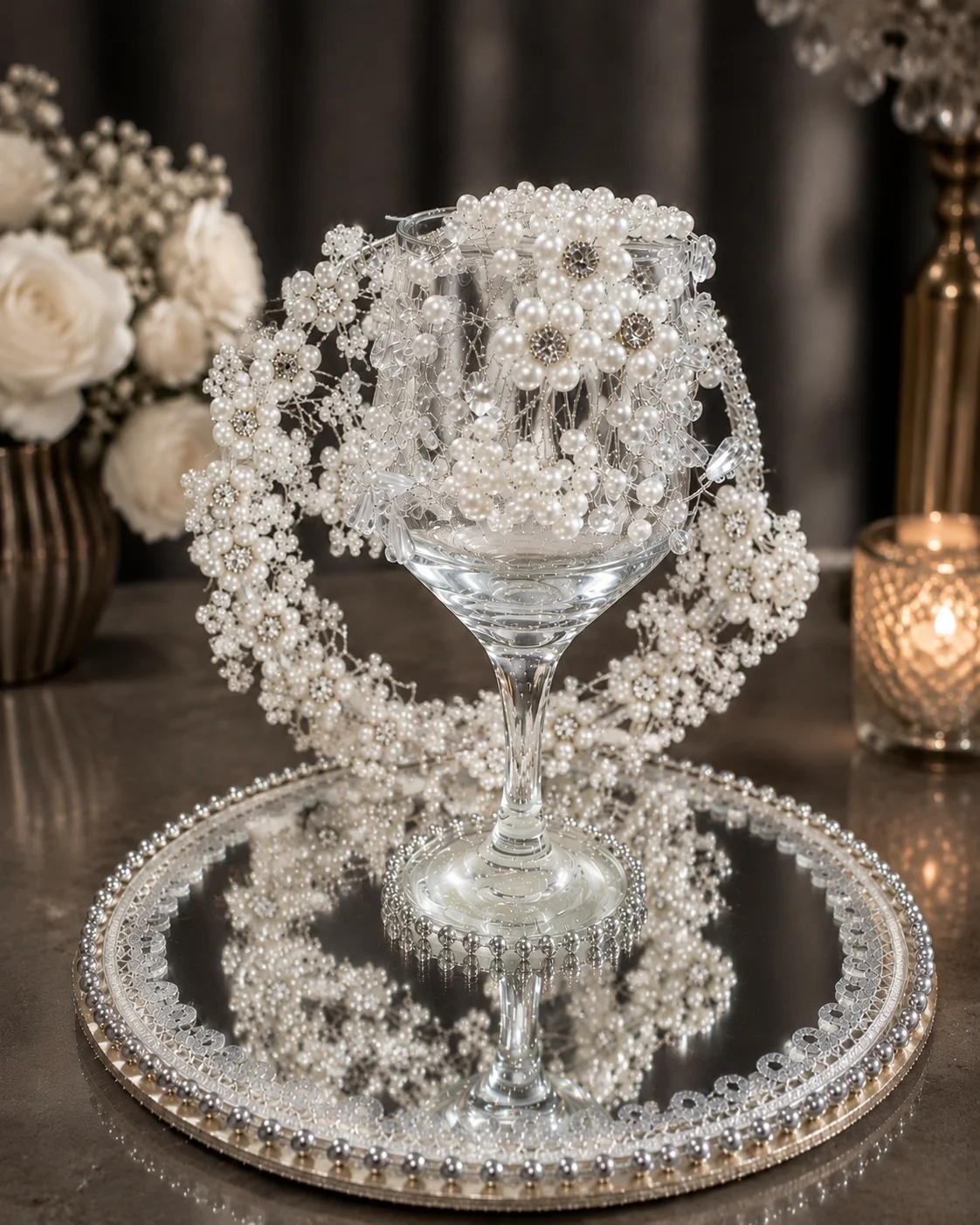 Luxury White Pearl Doodh Pilai Glass Set – Bridal Wedding Decorative Glass with Mirror Tray
