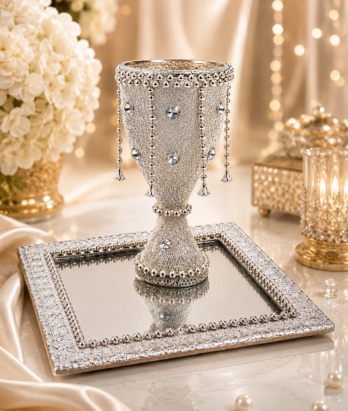 Luxury Silver Doodh Pilai Glass Set with Mirror Tray