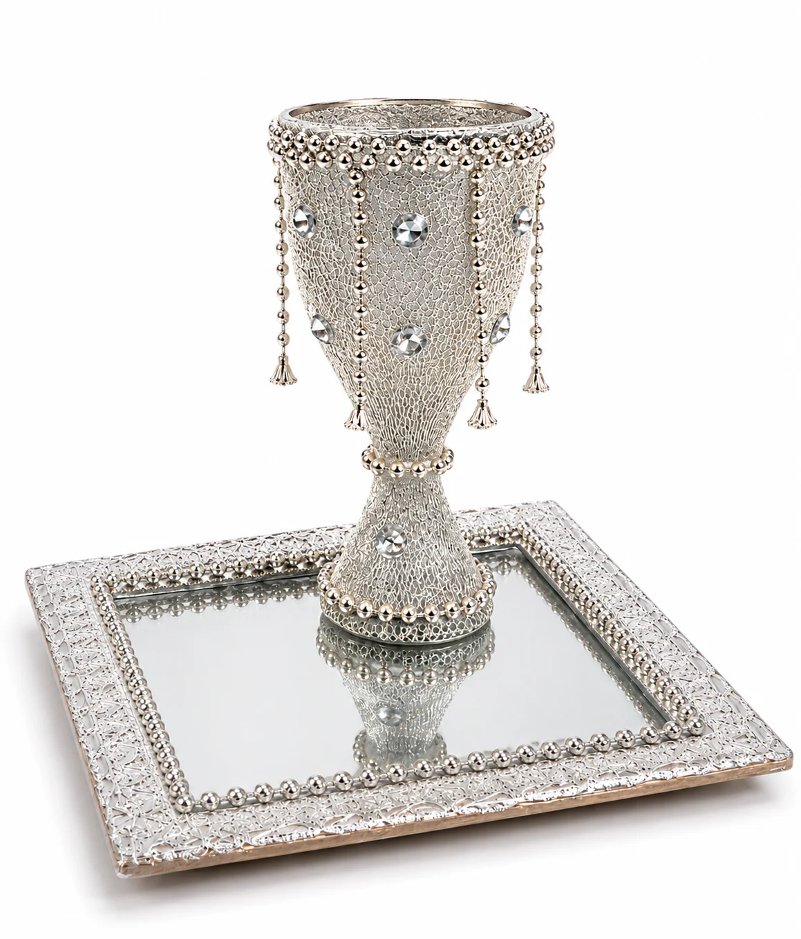 Luxury Silver Doodh Pilai Glass Set with Mirror Tray