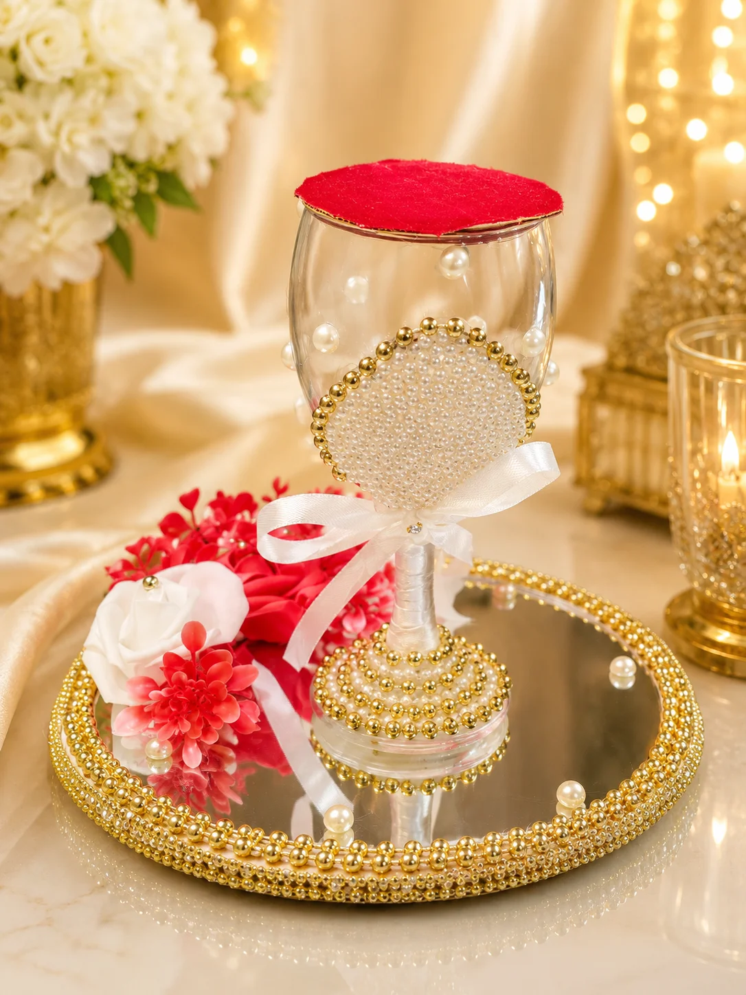 Luxury Pearl Doodh Pilai Glass Set with Mirror Tray
