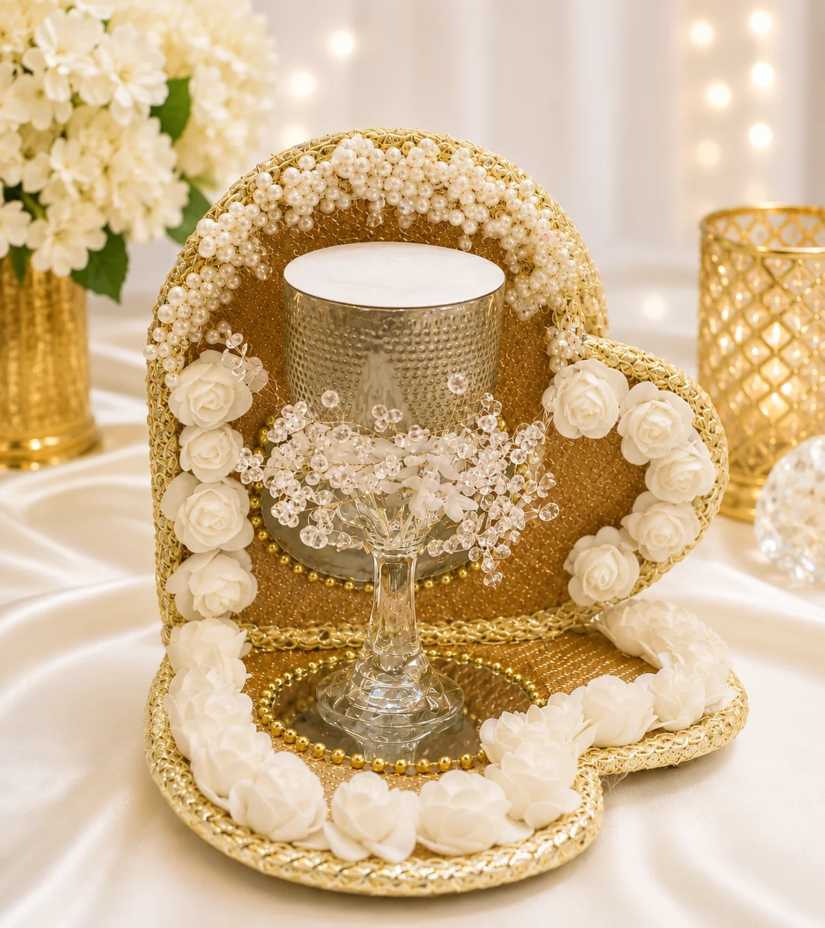 Luxury Heart-Shaped Doodh Pilai Glass Set – Golden Bridal Wedding Gift with Floral Tray