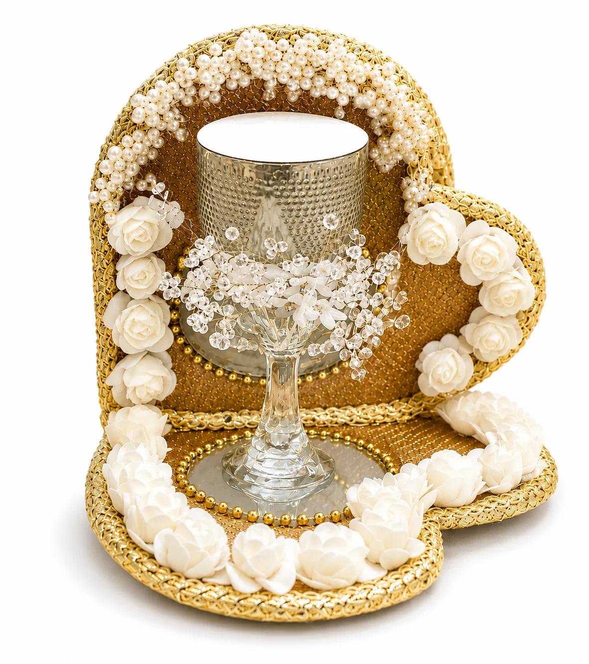 Luxury Heart-Shaped Doodh Pilai Glass Set – Golden Bridal Wedding Gift with Floral Tray