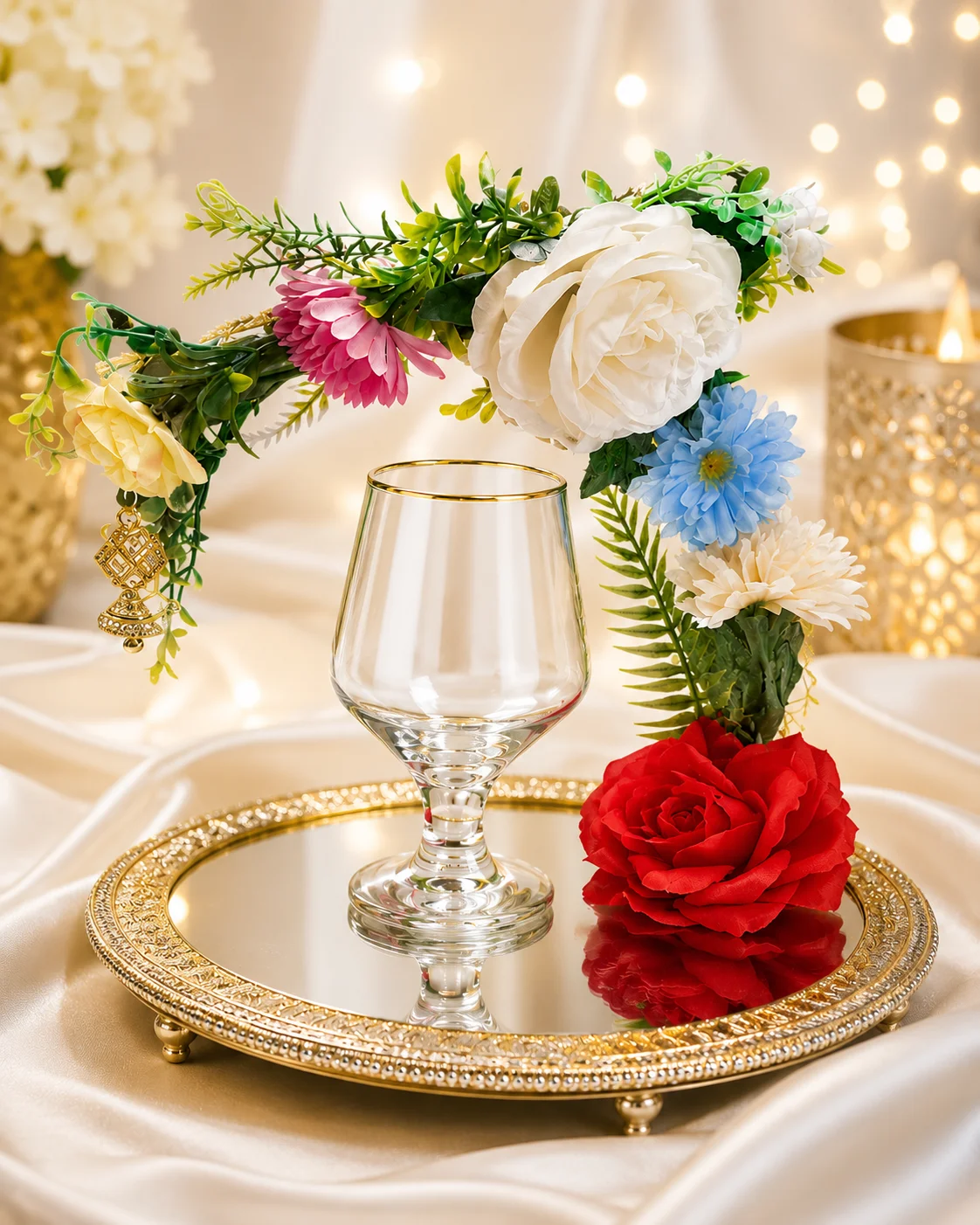Luxury Floral Doodh Pilai Glass Set with Mirror Tray