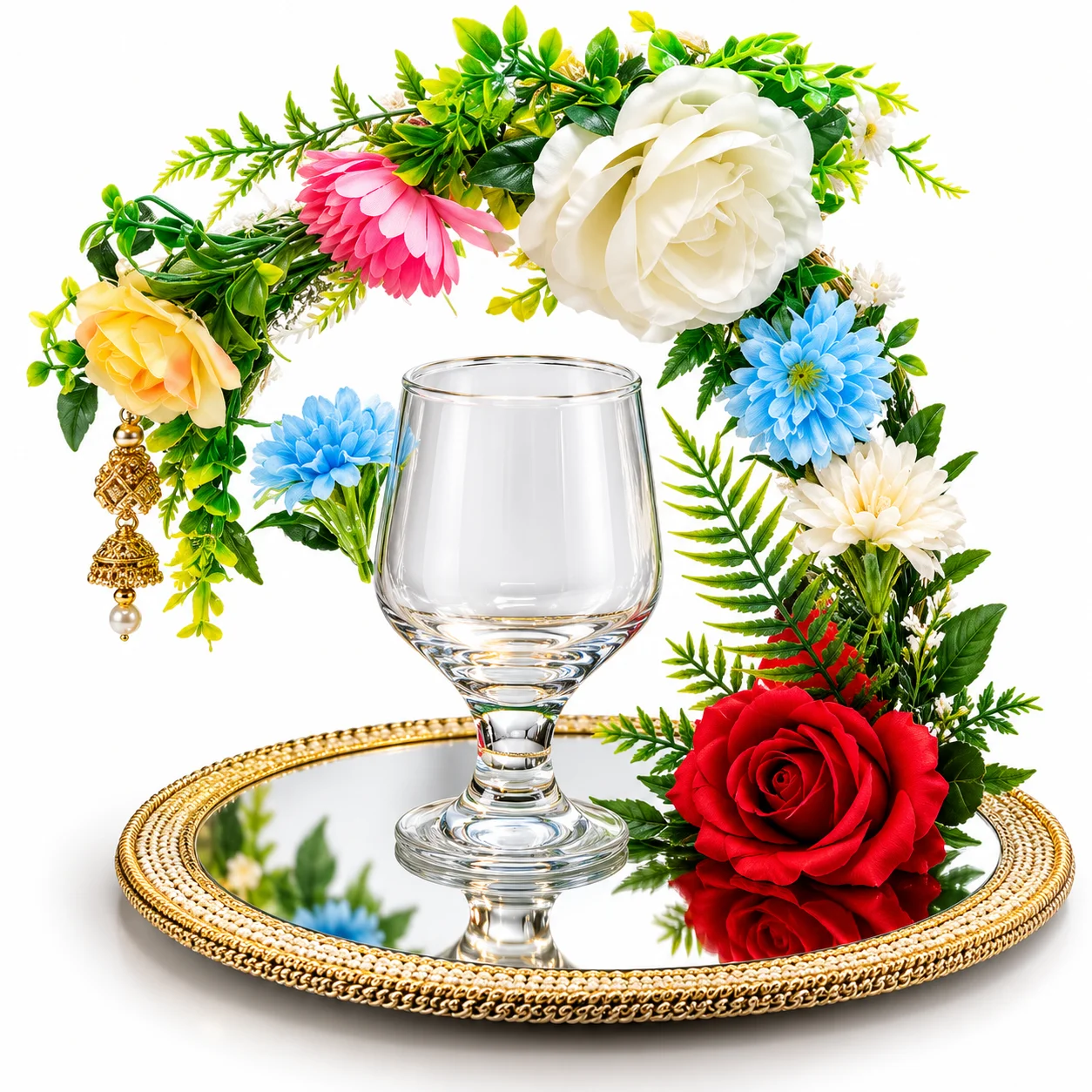 Luxury Floral Doodh Pilai Glass Set with Mirror Tray
