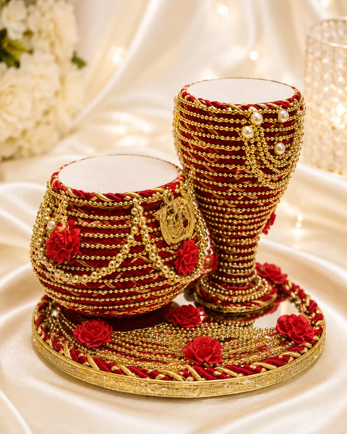 Luxury Doodh Pilai Glass & Bowl Set with Mirror Tray