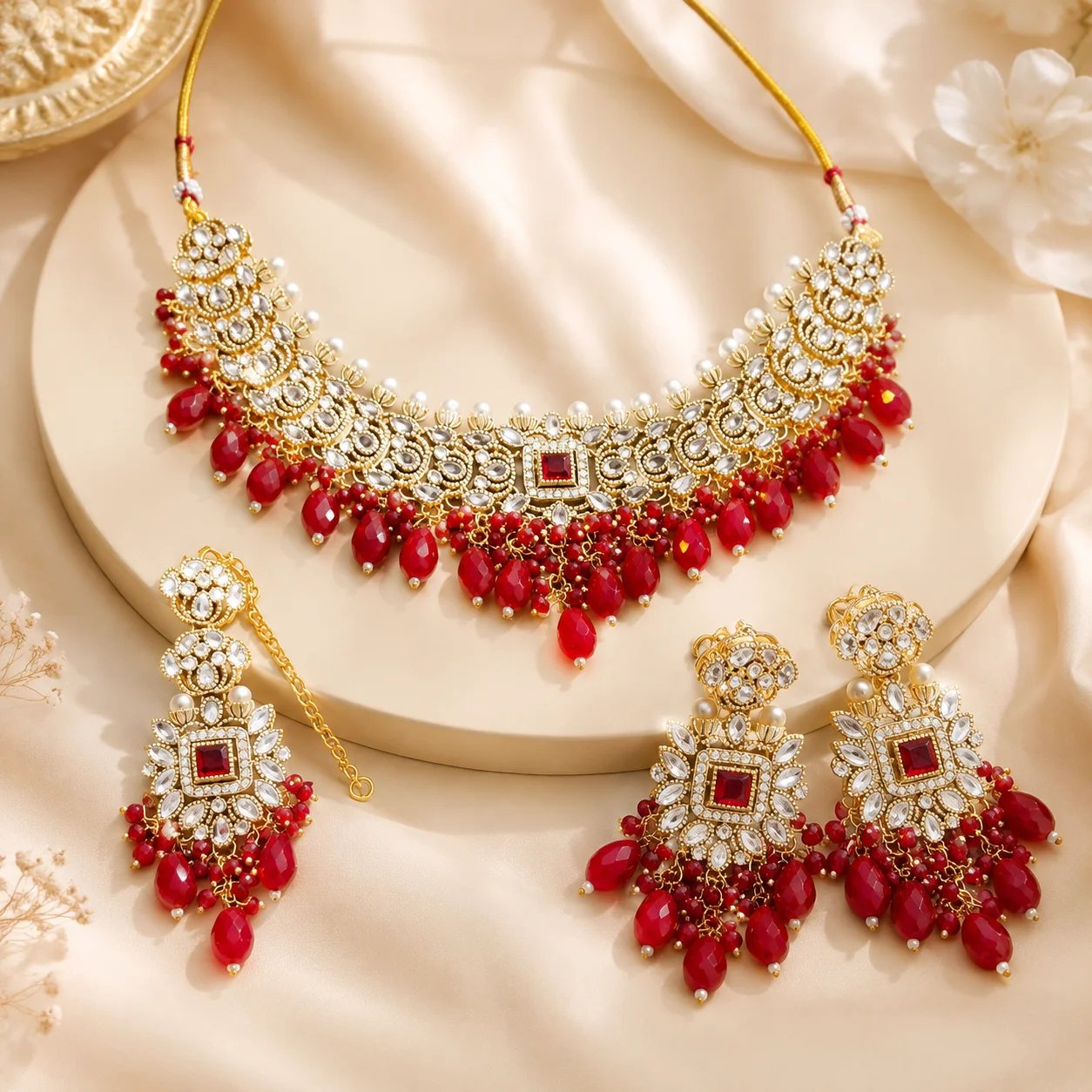 Royal Red Stone Gold Plated Bridal Jewelry Set | Necklace, Earrings & Maang Tikka