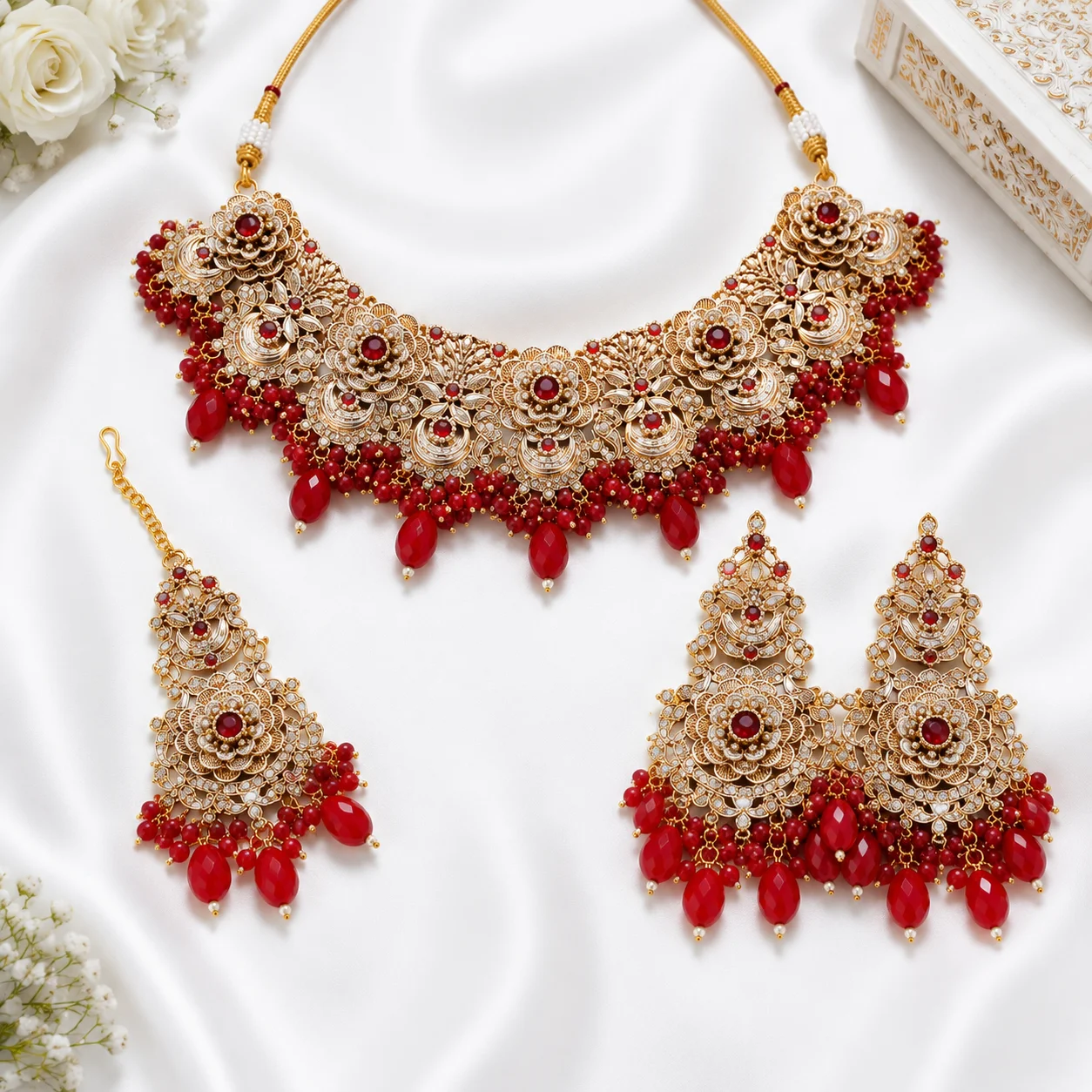 Royal Red Kundan Bridal Jewelry Set | Gold Plated Necklace