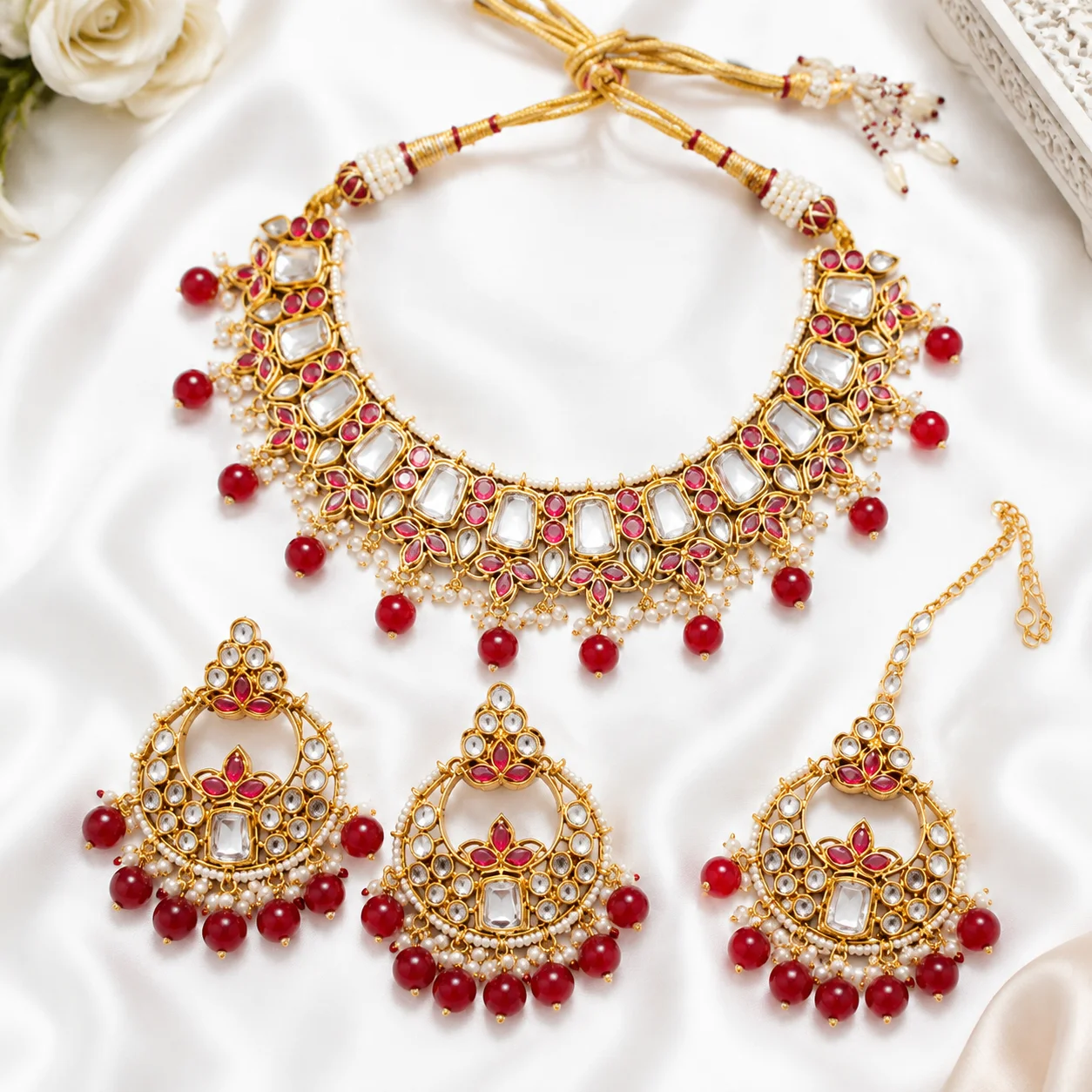 Premium Kundan Bridal Jewelry Set | White Pearl & Red Stone Gold Plated Necklace Set