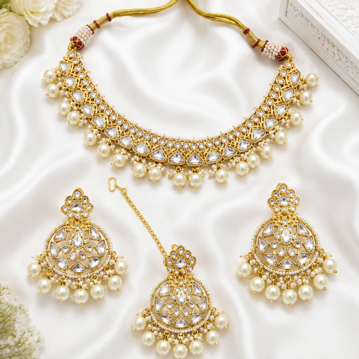 Premium Kundan Bridal Jewelry Set | White Pearl & Red Stone Gold Plated Necklace Set