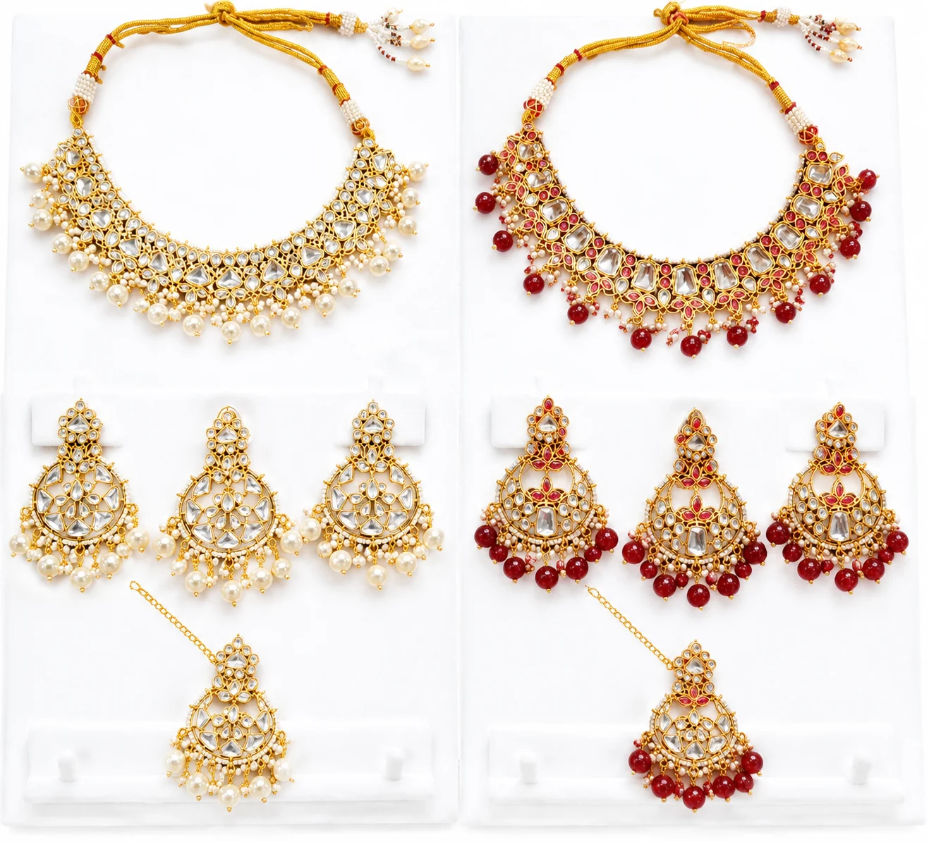 Premium Kundan Bridal Jewelry Set | White Pearl & Red Stone Gold Plated Necklace Set