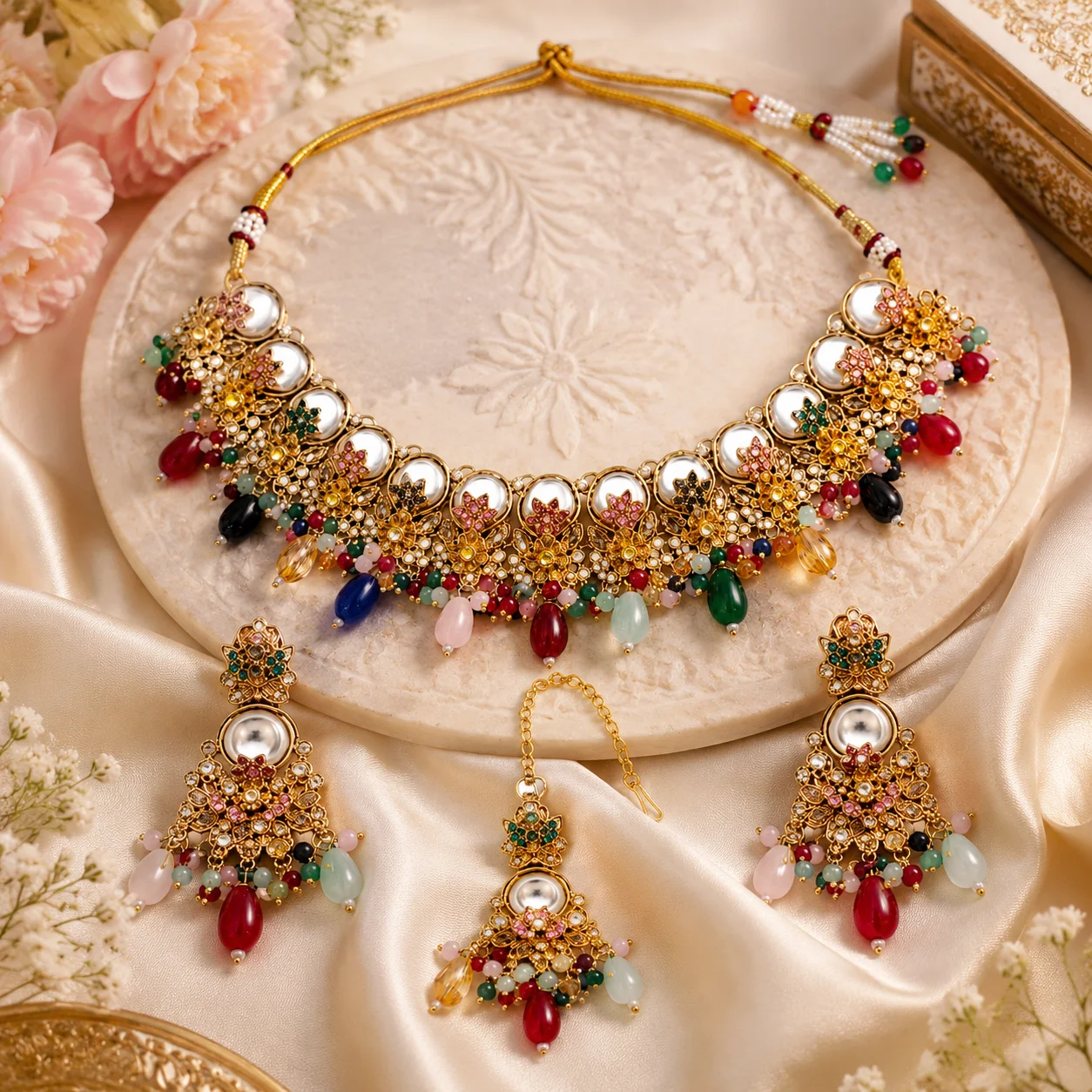 Luxury Multicolor Kundan Bridal Necklace Set with Earrings & Maang Tikka