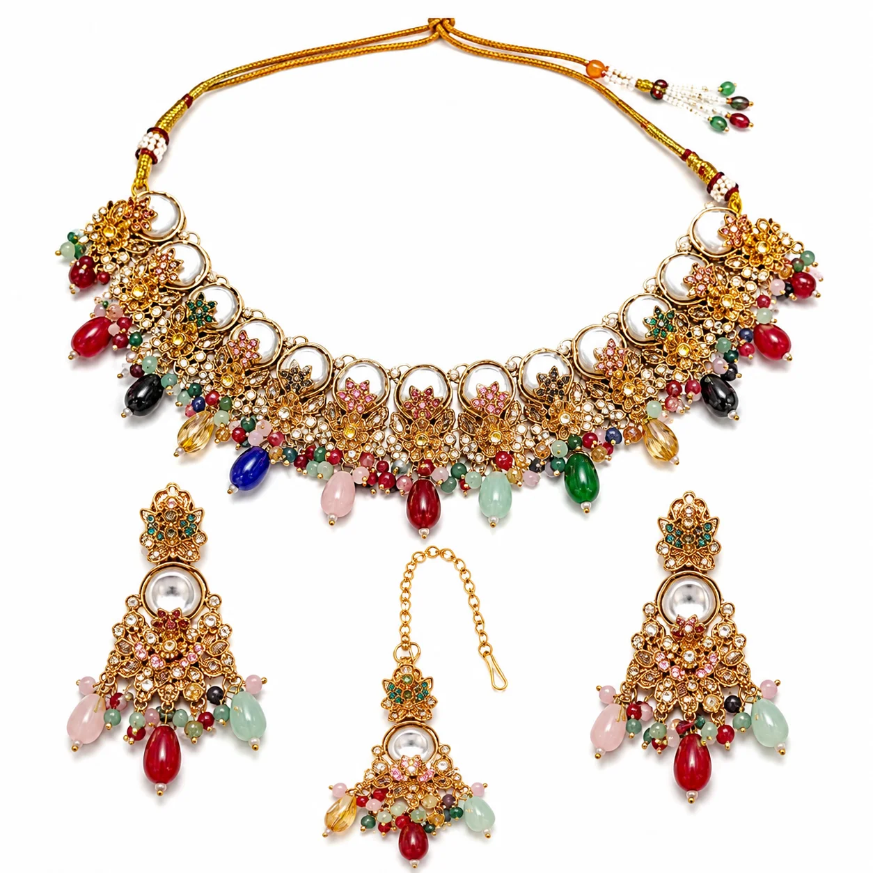Luxury Multicolor Kundan Bridal Necklace Set with Earrings & Maang Tikka