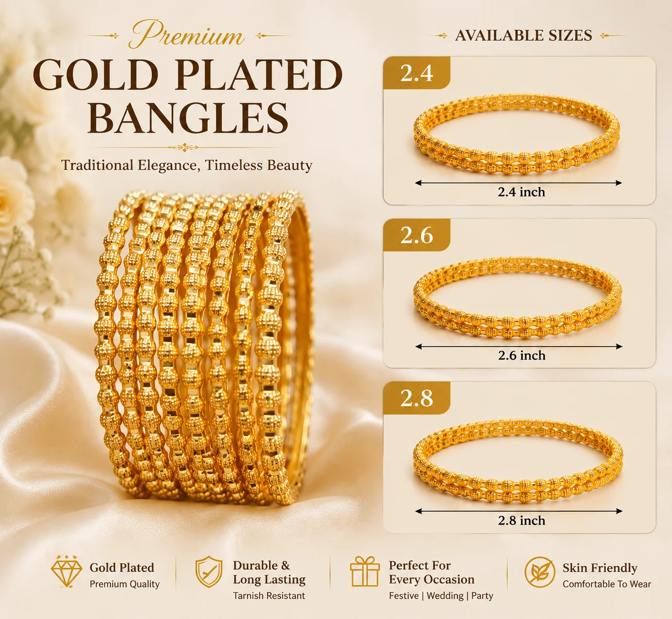 Premium Gold Plated Bangles 2Pcs – Elegant Traditional Design | Size 2.4, 2.6, 2.8