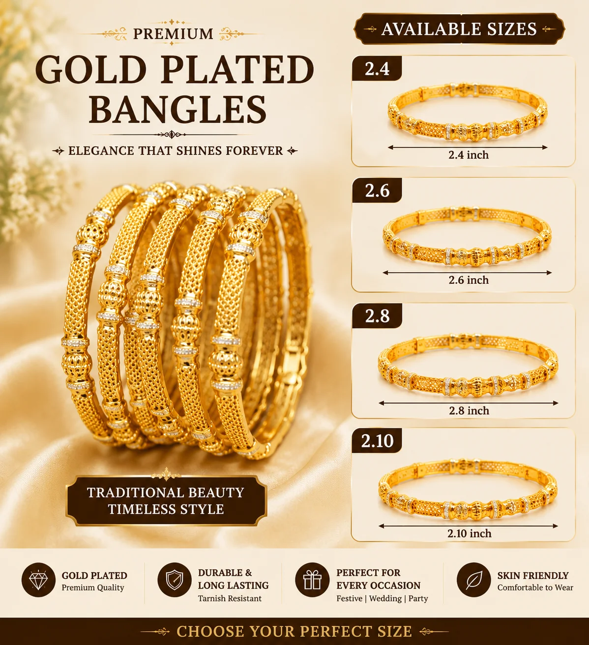 Premium Gold Plated Designer 2 Pcs Bangles | Elegant Traditional Collection