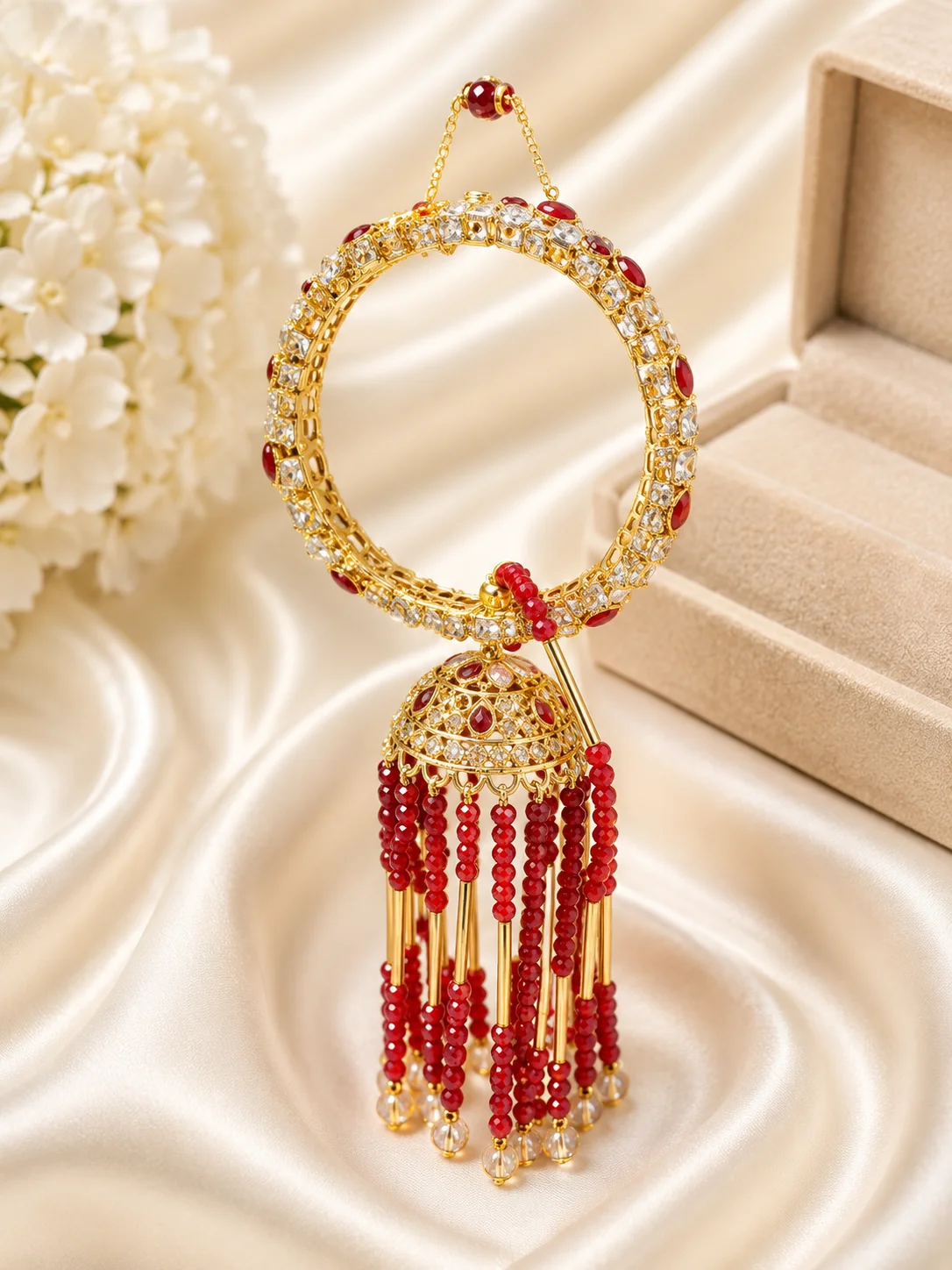 Royal Red Crystal Jhumka Bangle with Hanging Tassels – Traditional Bridal Jewelry