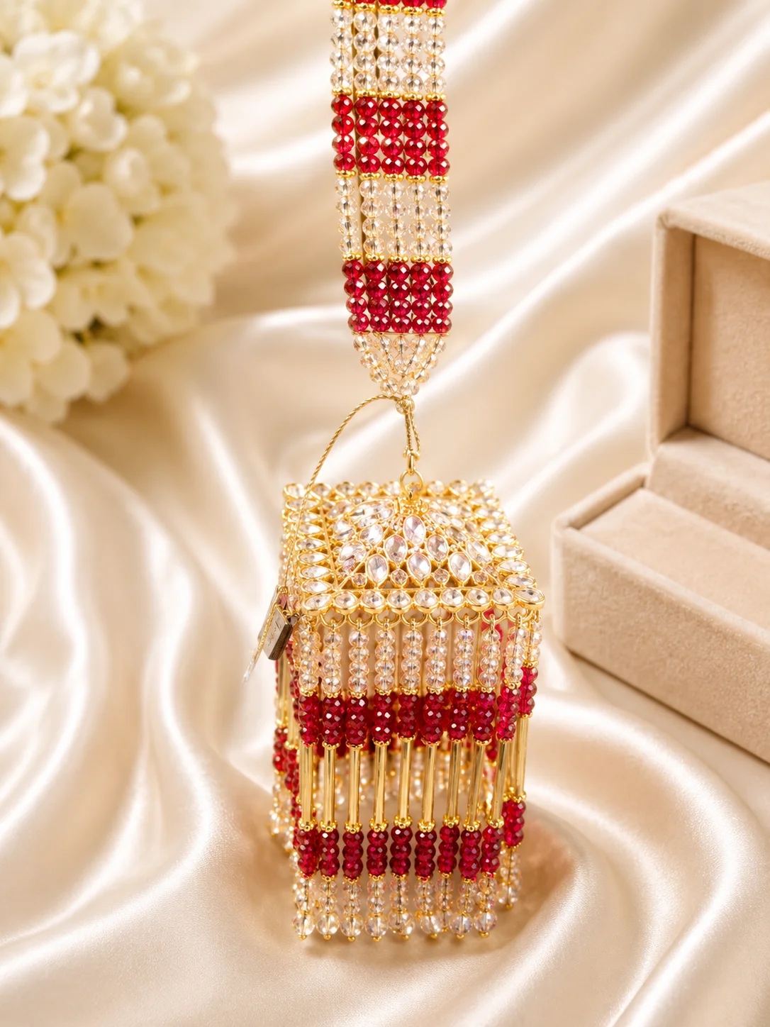 Royal Red Crystal Bridal Kaleera with Gold Tassels – Traditional Wedding Jewelry