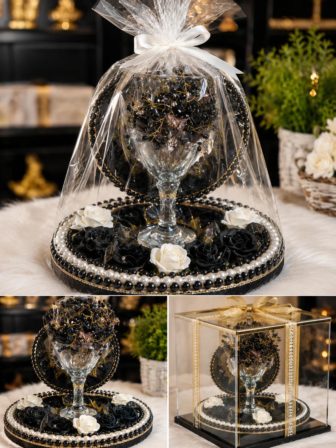 Luxury Black & White Decorative Gift Tray with Glass & Floral Design