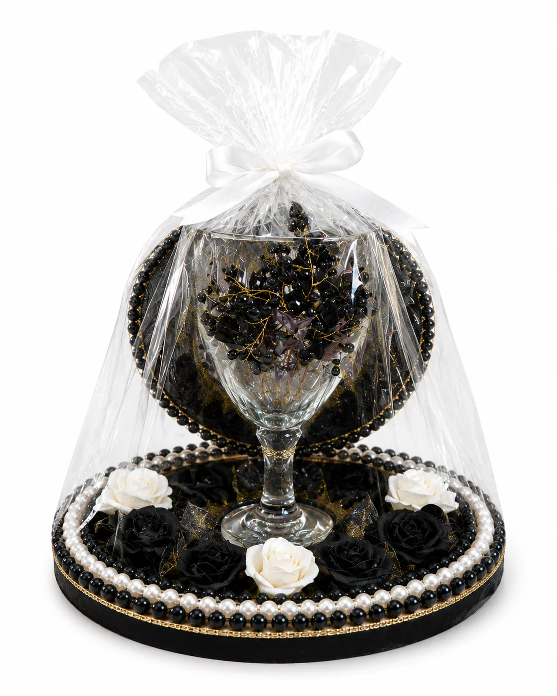 Luxury Black & White Decorative Gift Tray with Glass & Floral Design