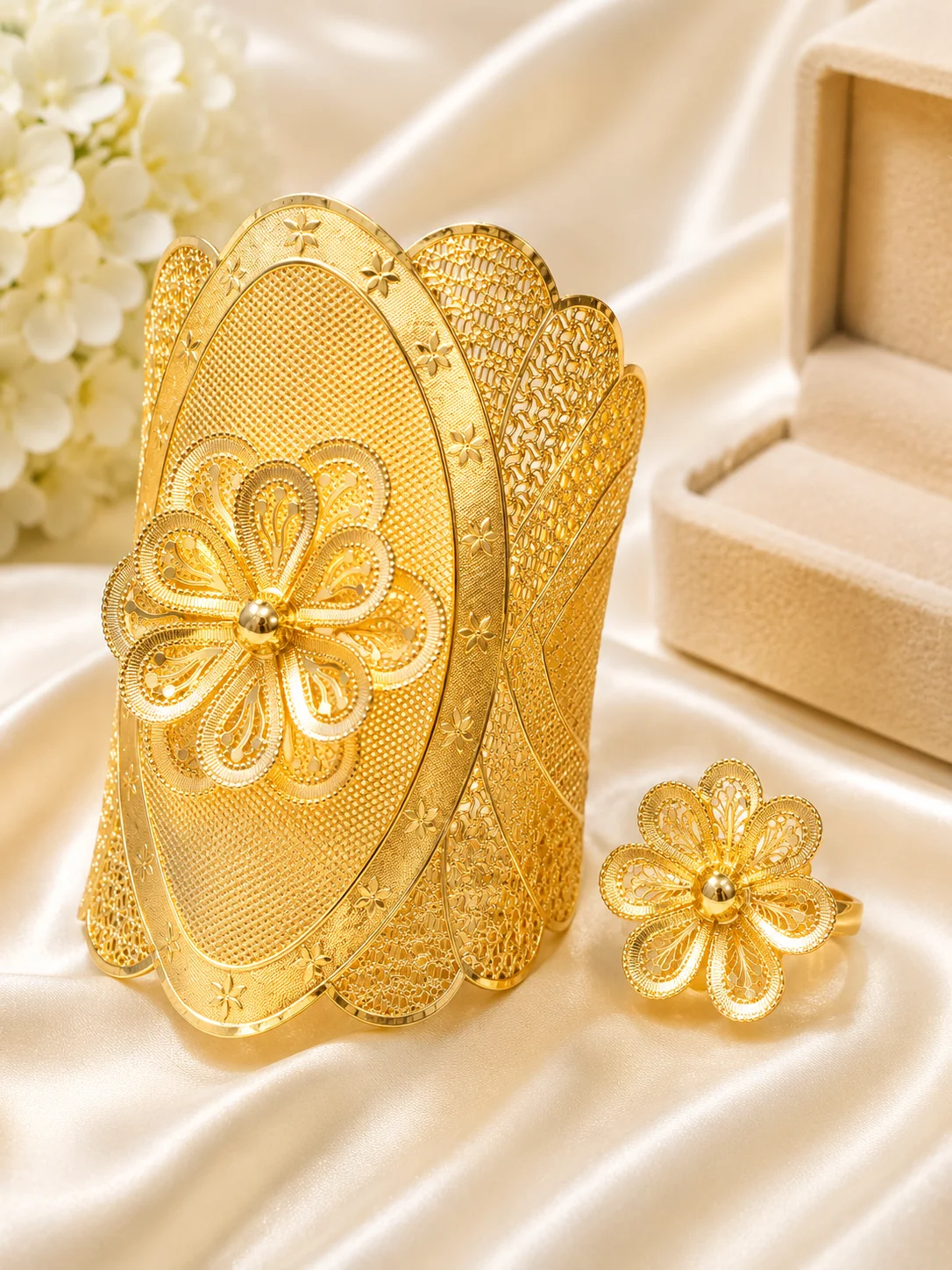 Luxury Gold Floral Cuff Bracelet with Matching Ring – Traditional Jewelry Set