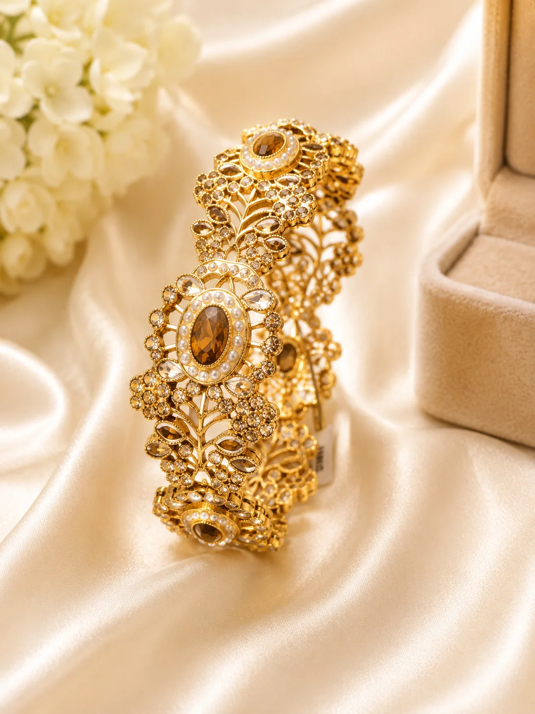 Luxury Gold Floral Crystal Bangle – Pearl & Stone Statement Bracelet