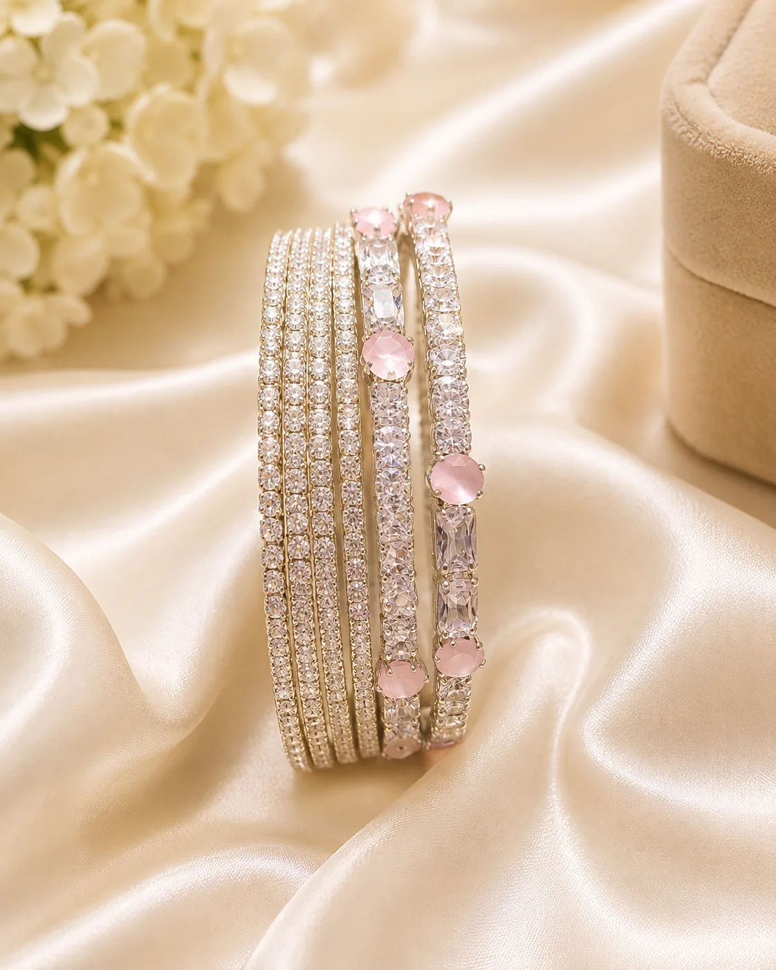 Luxury Silver & Pink Stone Bangles Set – Elegant Party Wear Jewelry