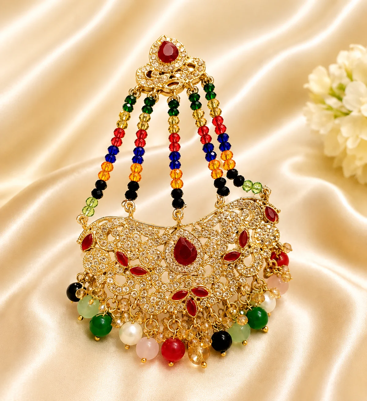 Multicolor Golden Bridal Jhoomar with Ruby Stones & Beaded Drops