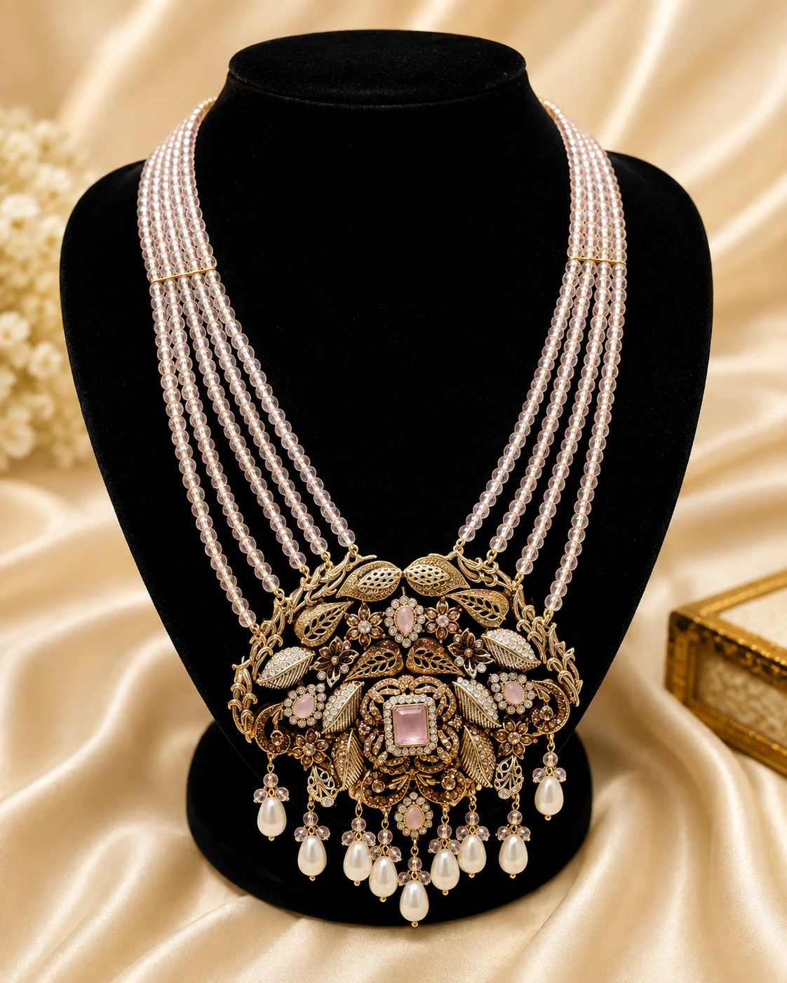 Luxury Multi-Strand Pearl Beaded Necklace with Antique Gold Floral Pendant