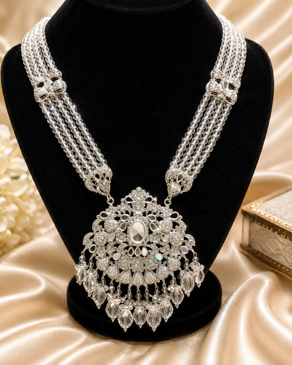 Luxury Silver Crystal Multi-Strand Mala Necklace with Statement Pendant