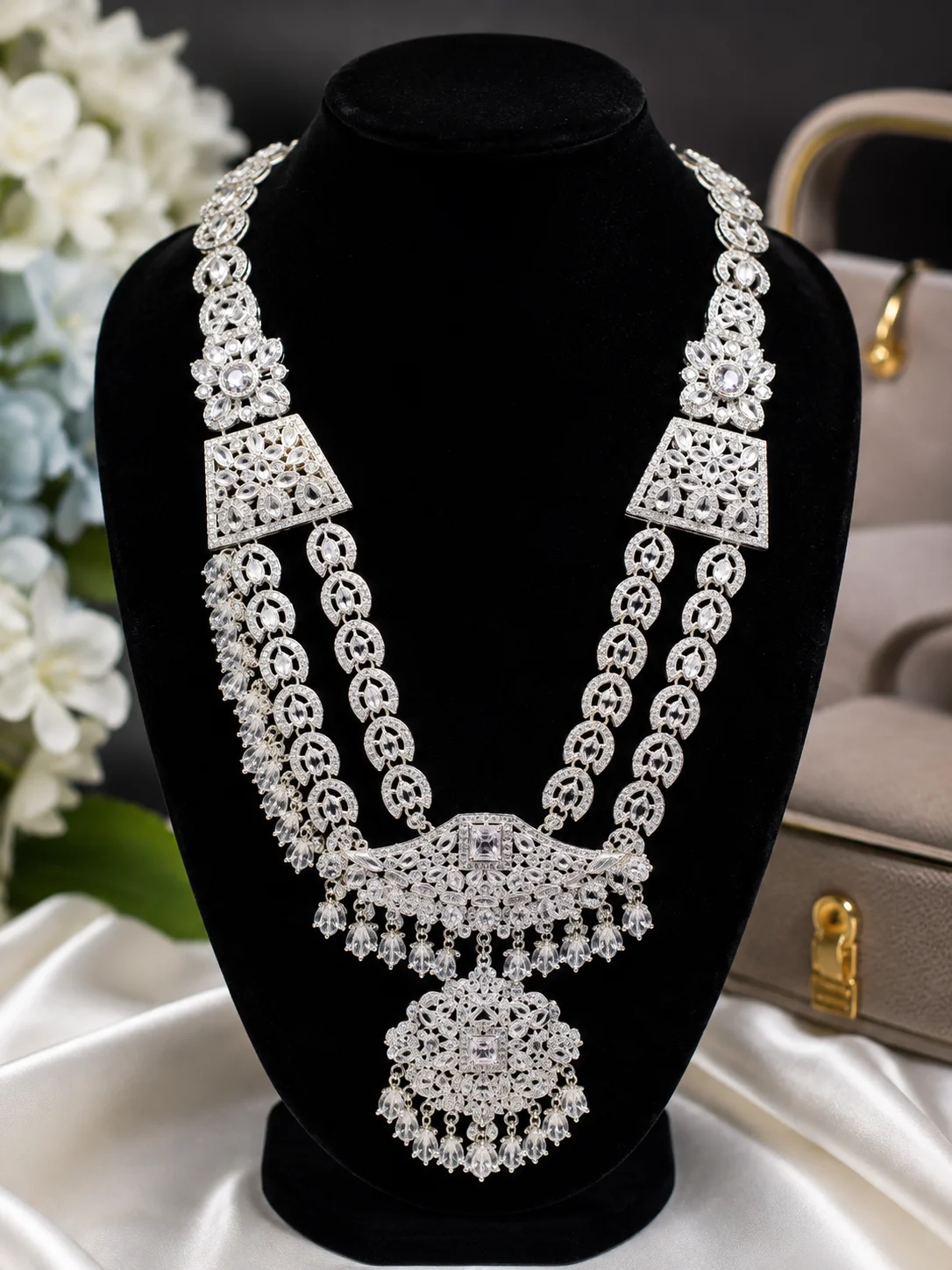 Luxury Silver Crystal Long Necklace MALA with Statement Pendant