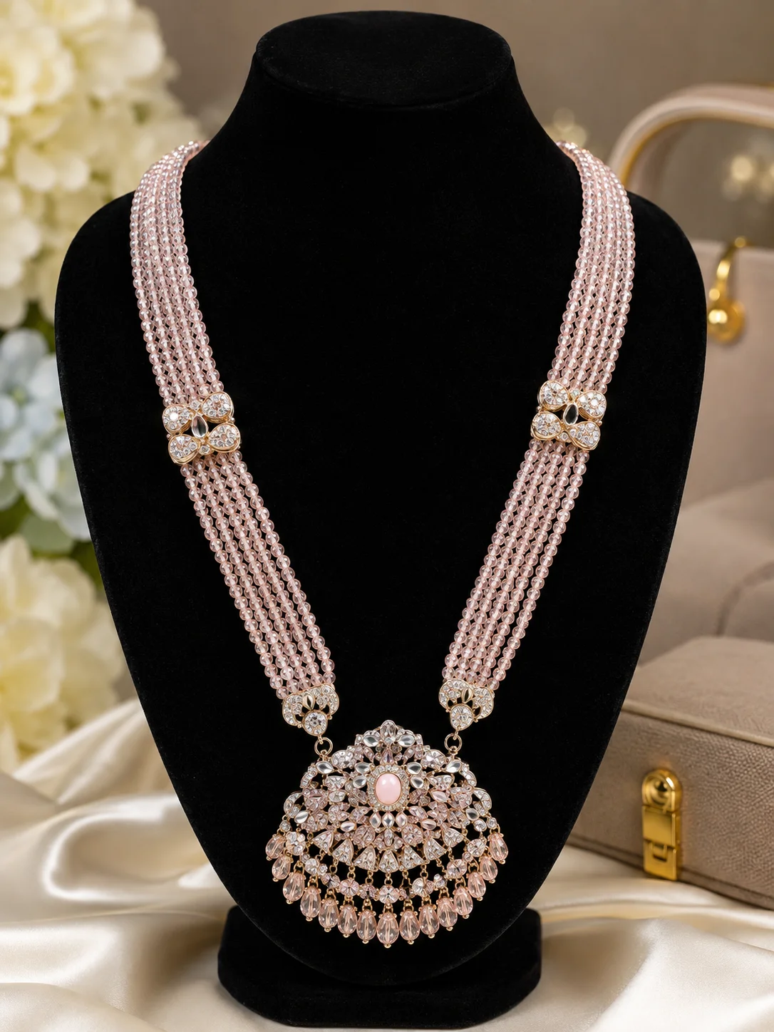 Luxury Rose Gold Pink Crystal Multi-Strand Pendant Necklace MALA