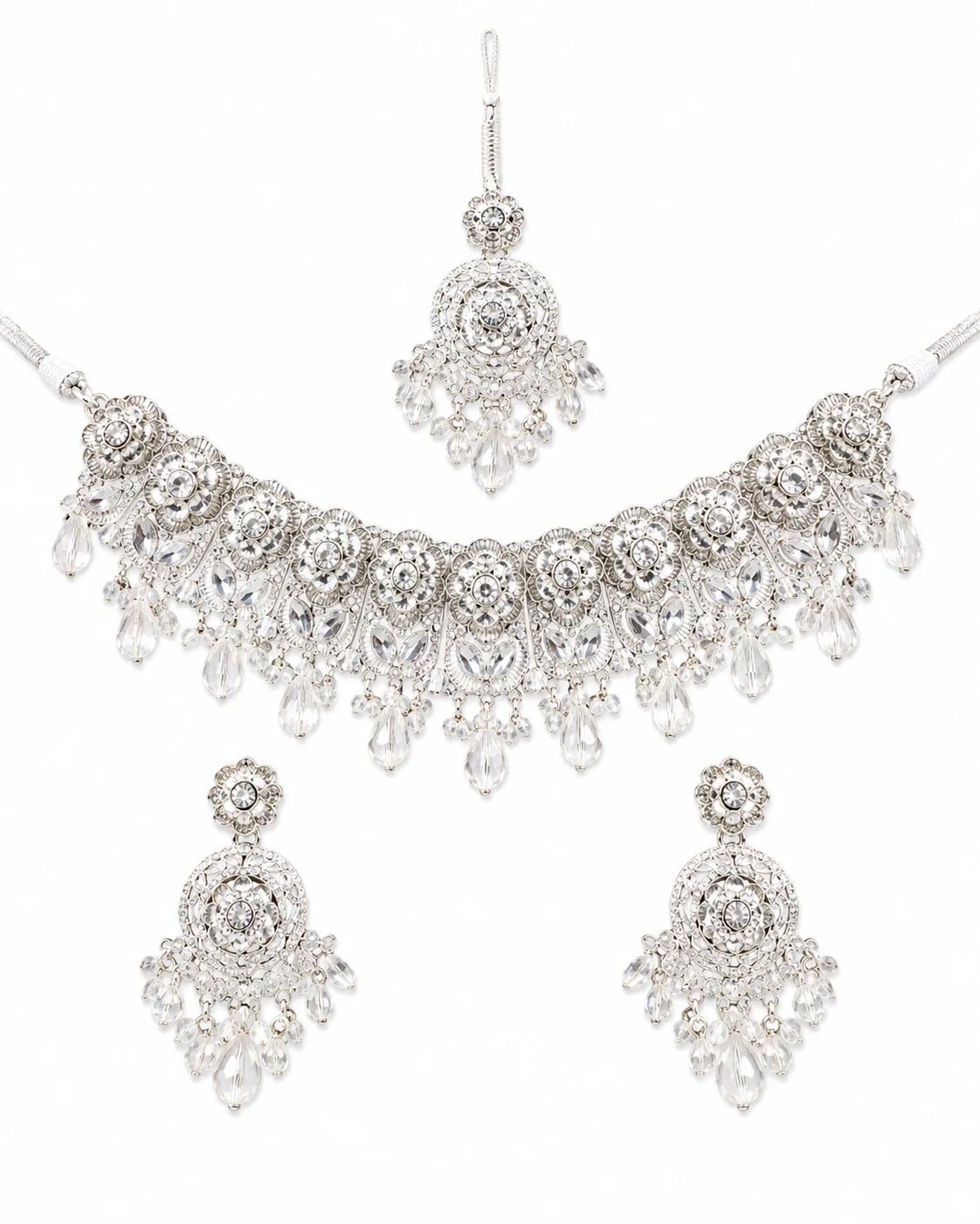 Luxury Silver Crystal Floral Bridal Choker Jewelry Set
