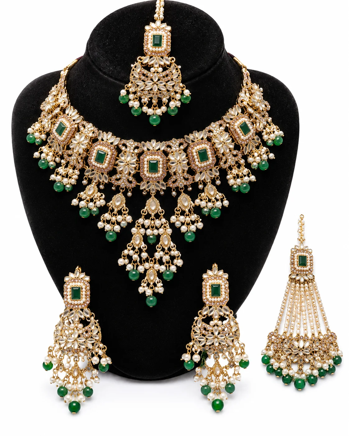 Royal Gold Plated Green Stone Pearl Bridal  Jewelry Set
