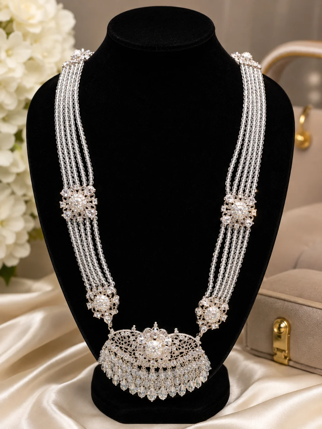 Luxury Silver Crystal Multi-Strand Long Pendant Necklace