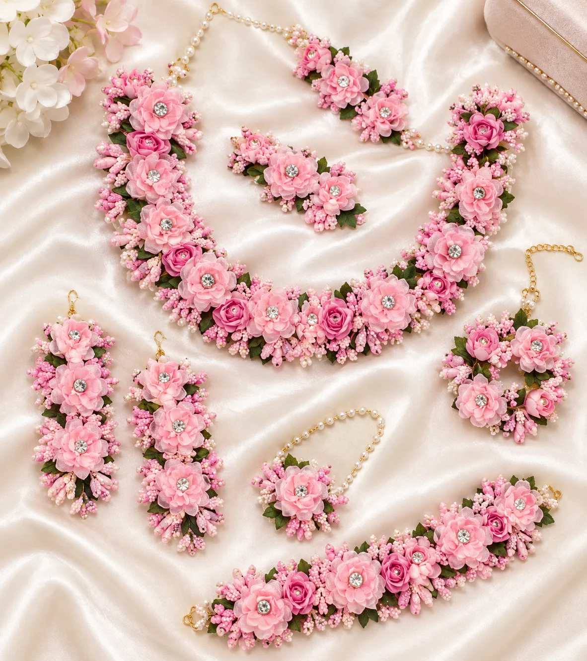 Luxury Pink Floral Bridal Jewelry Set with Crystal & Pearl Details