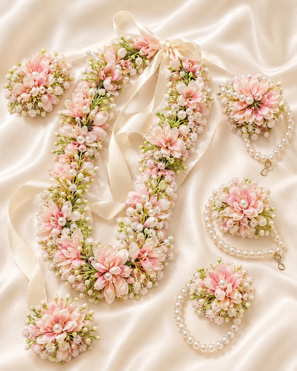 Elegant Blush Pink Floral Bridal Jewelry Set with Pearls