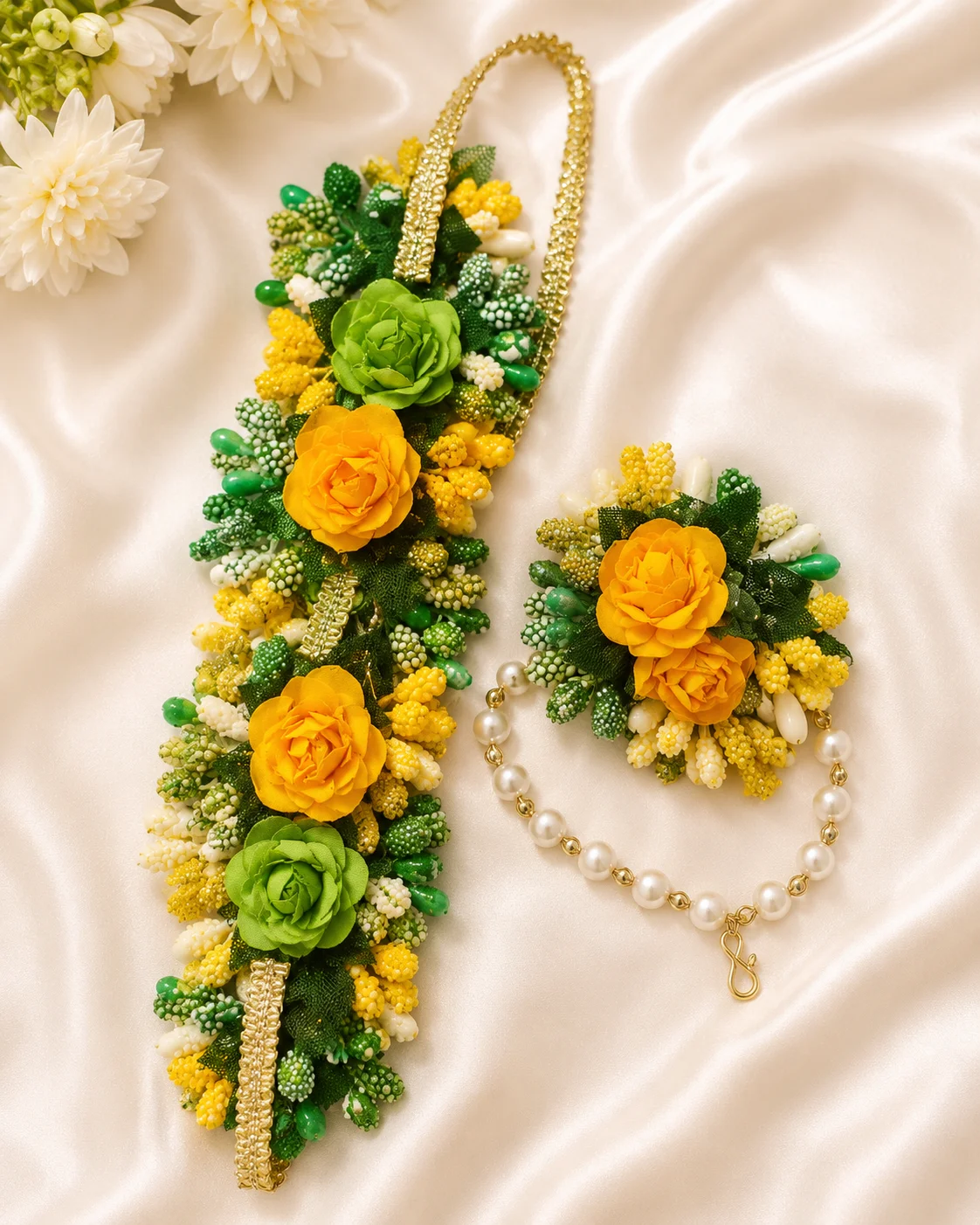 Luxury Yellow & Green Floral Jewelry Set with Pearl & Golden Details