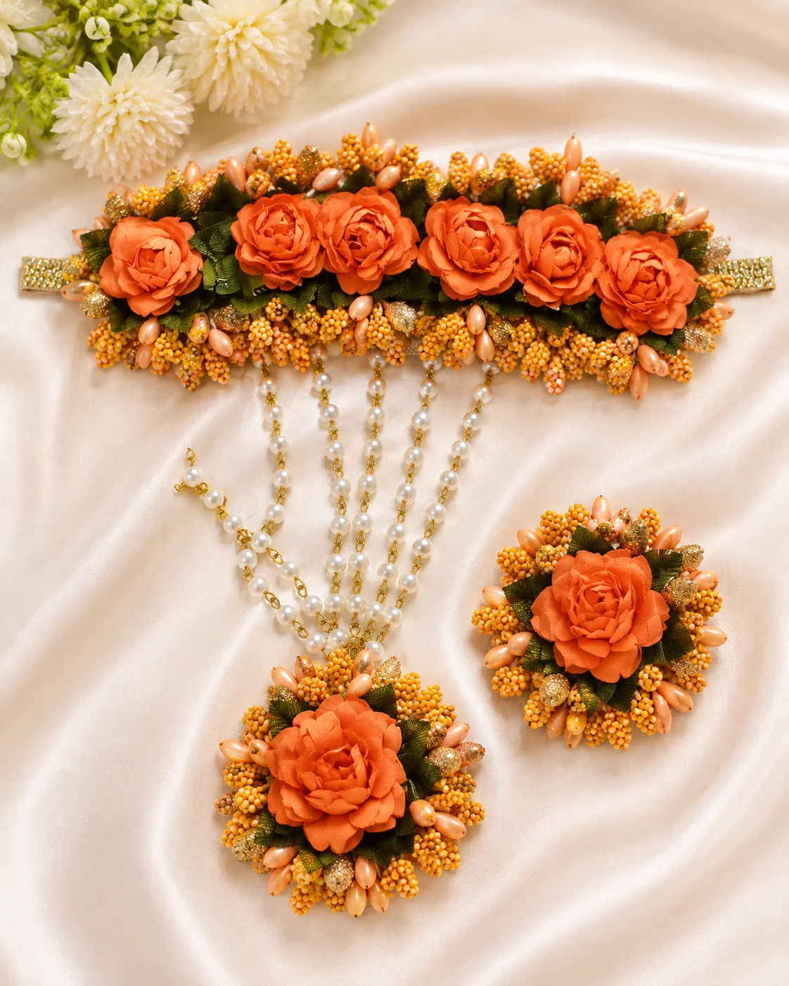 Luxury Orange Floral Bridal Jewelry Set with Pearl Chains