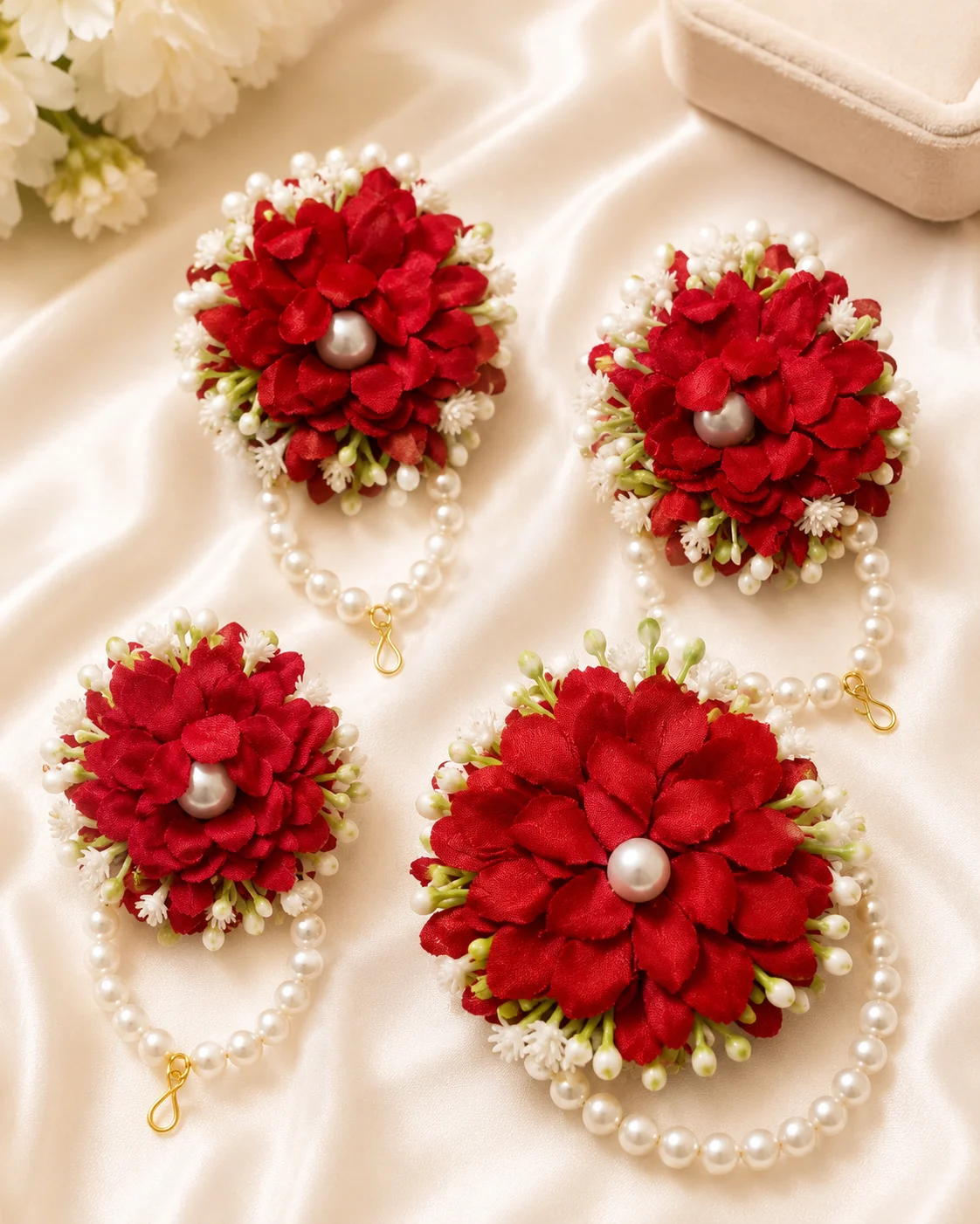 Luxury Red Floral Bridal Jewelry Set with Pearl Details