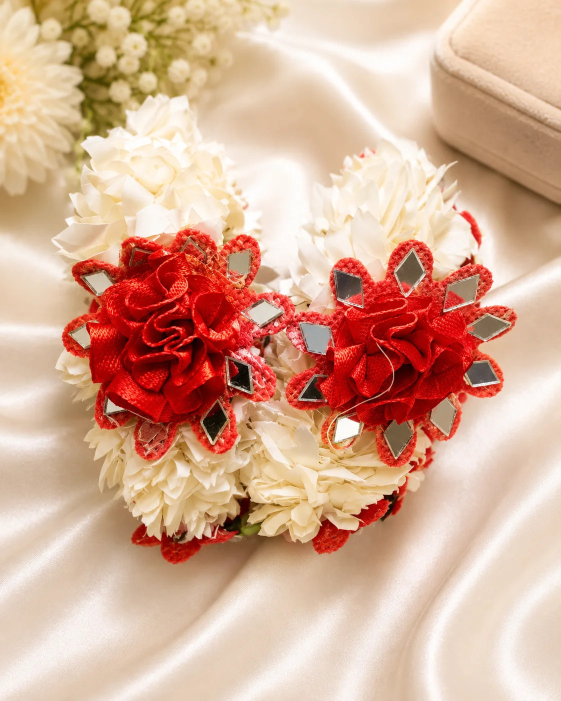 Luxury Red & White Floral Bridal Jewelry with Mirror Work