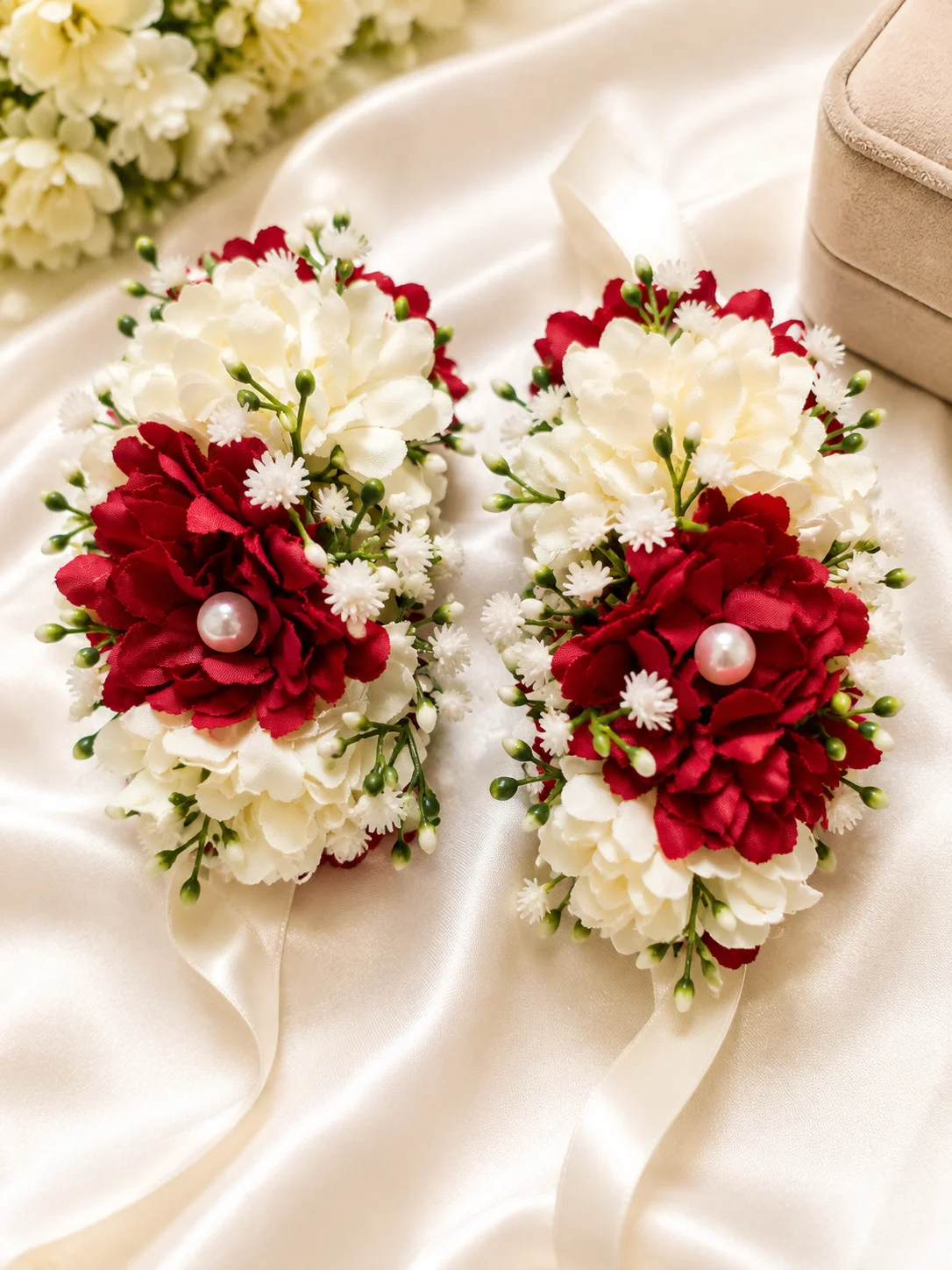 Red & White Floral Gajra Set with Pearl Accents – Bridal Flower Jewelry