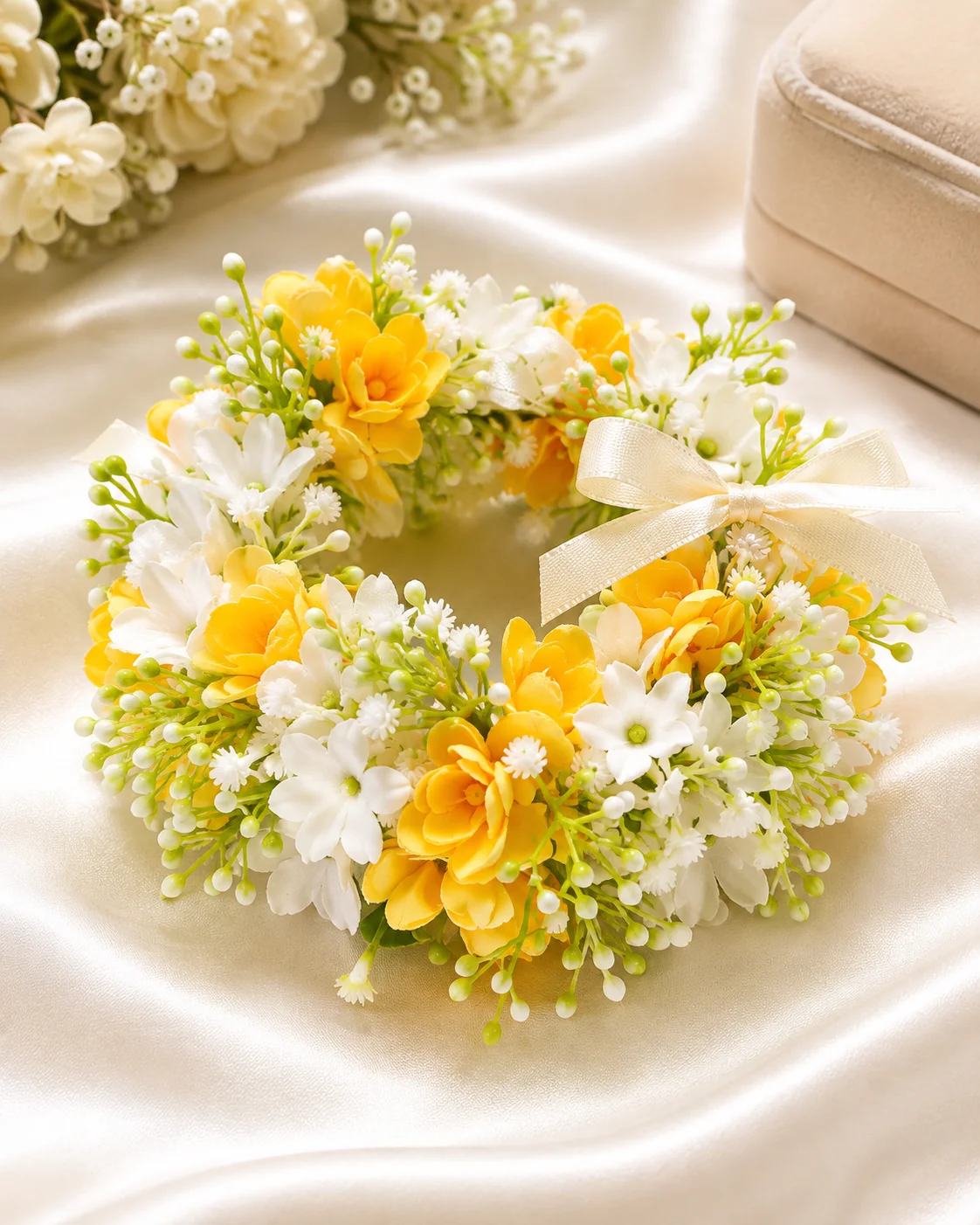 Yellow & White Floral Gajra Set with Ribbon – Elegant Wedding Flower Jewelry