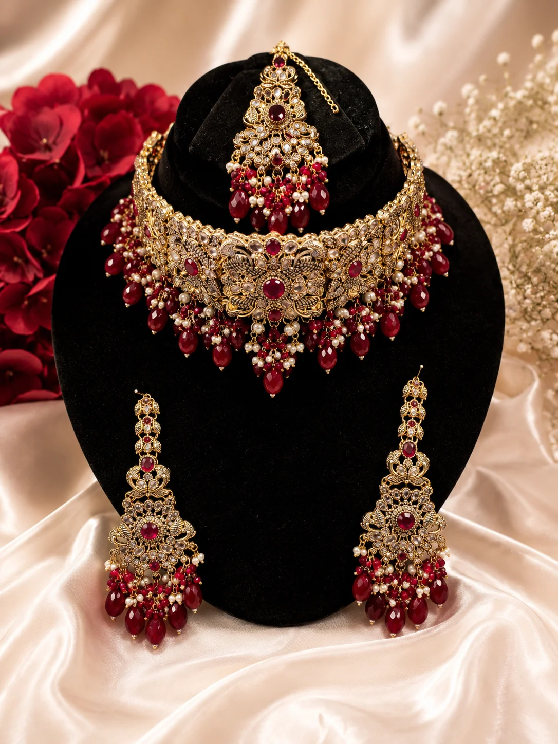 Luxury Dark Red Bridal Choker Jewellery Set – Golden Necklace with Earrings & Maang Tikka