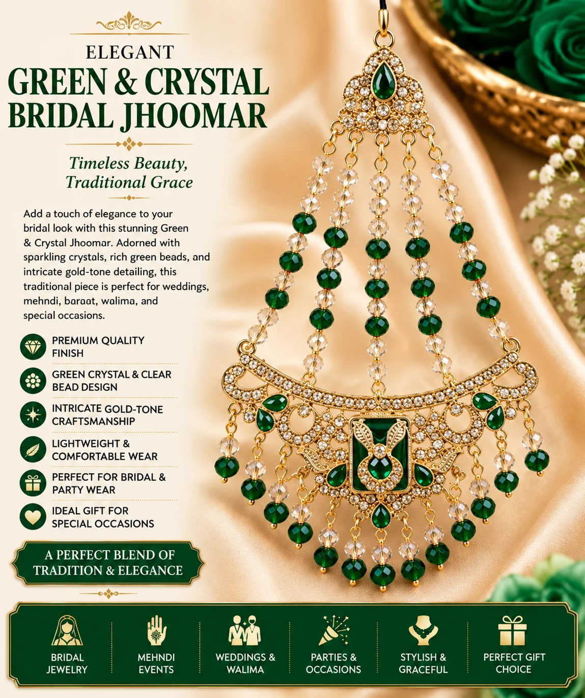 Elegant Green & Crystal Bridal Jhoomar – Gold Tone Traditional Jewelry