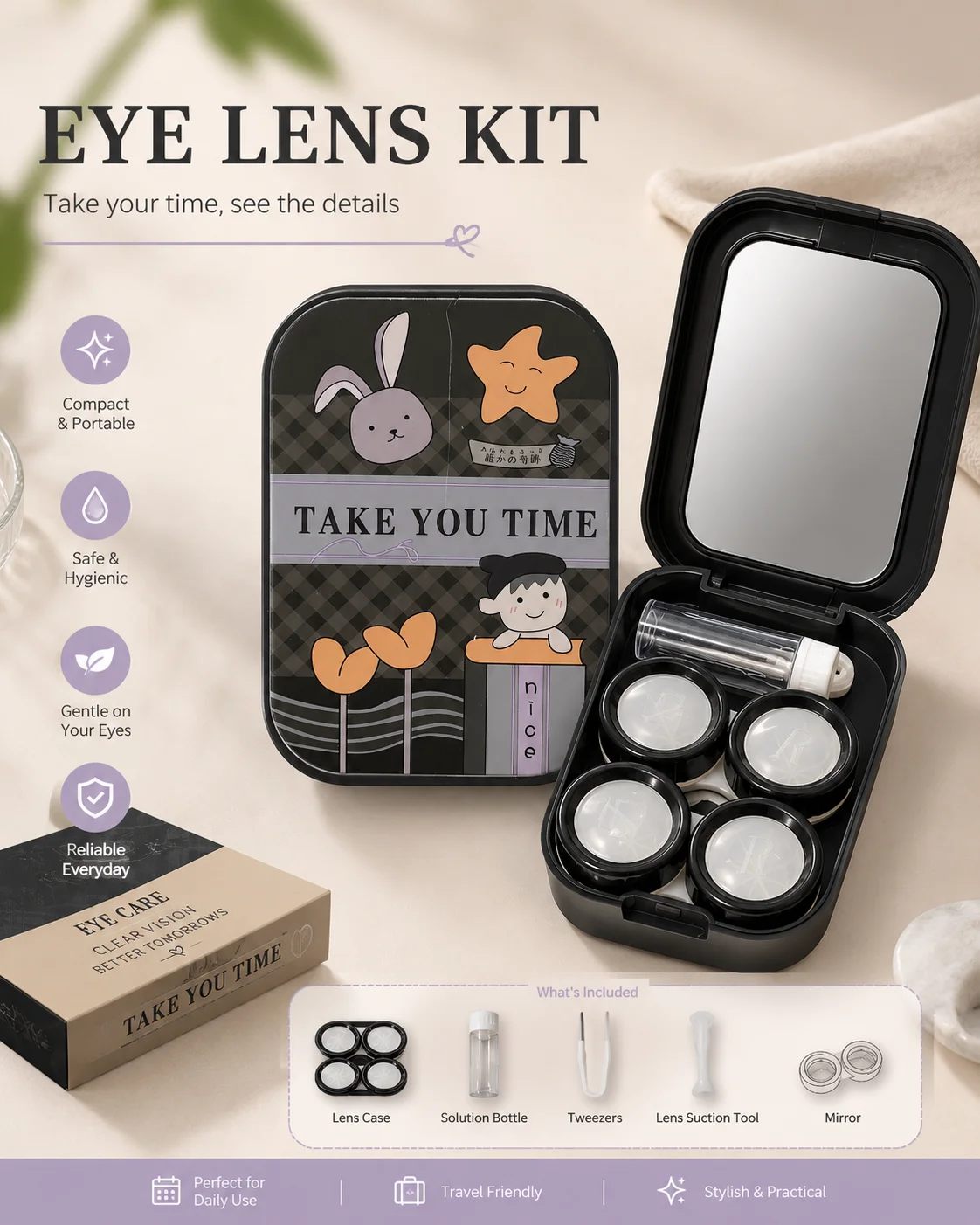 Cute Contact Lens Travel Kit with Mirror, Lens Case & Accessories – Portable Eye Lens Storage Box