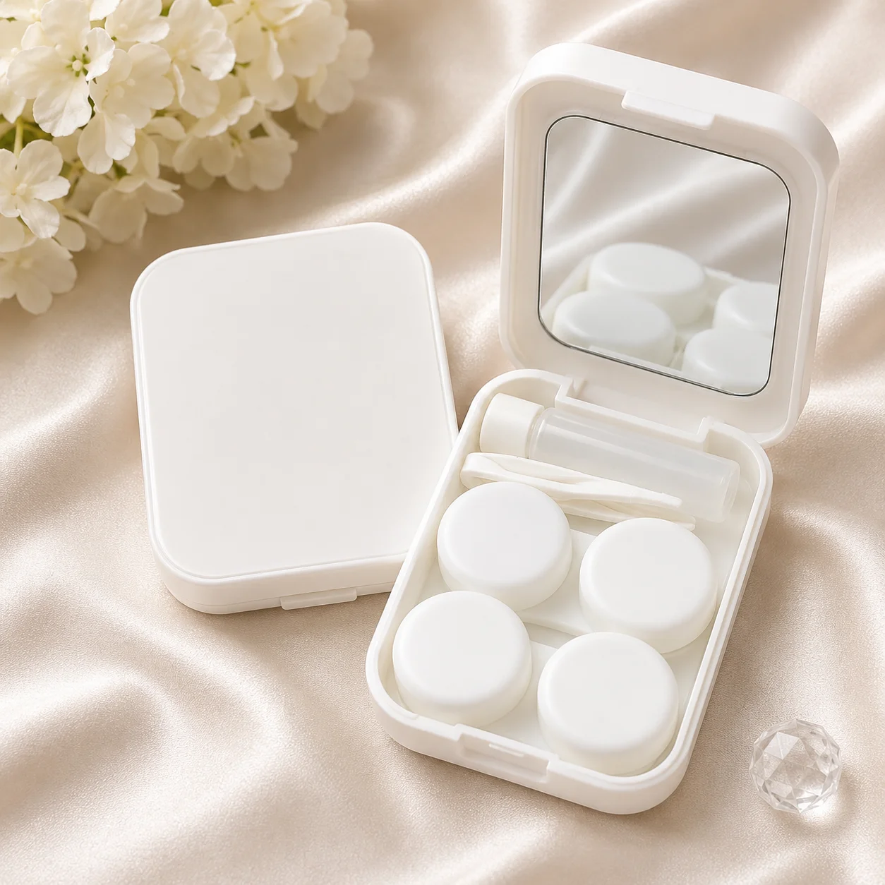 White Contact Lens Travel Kit with Mirror – Portable Contact Lens Case & Eye Care Set