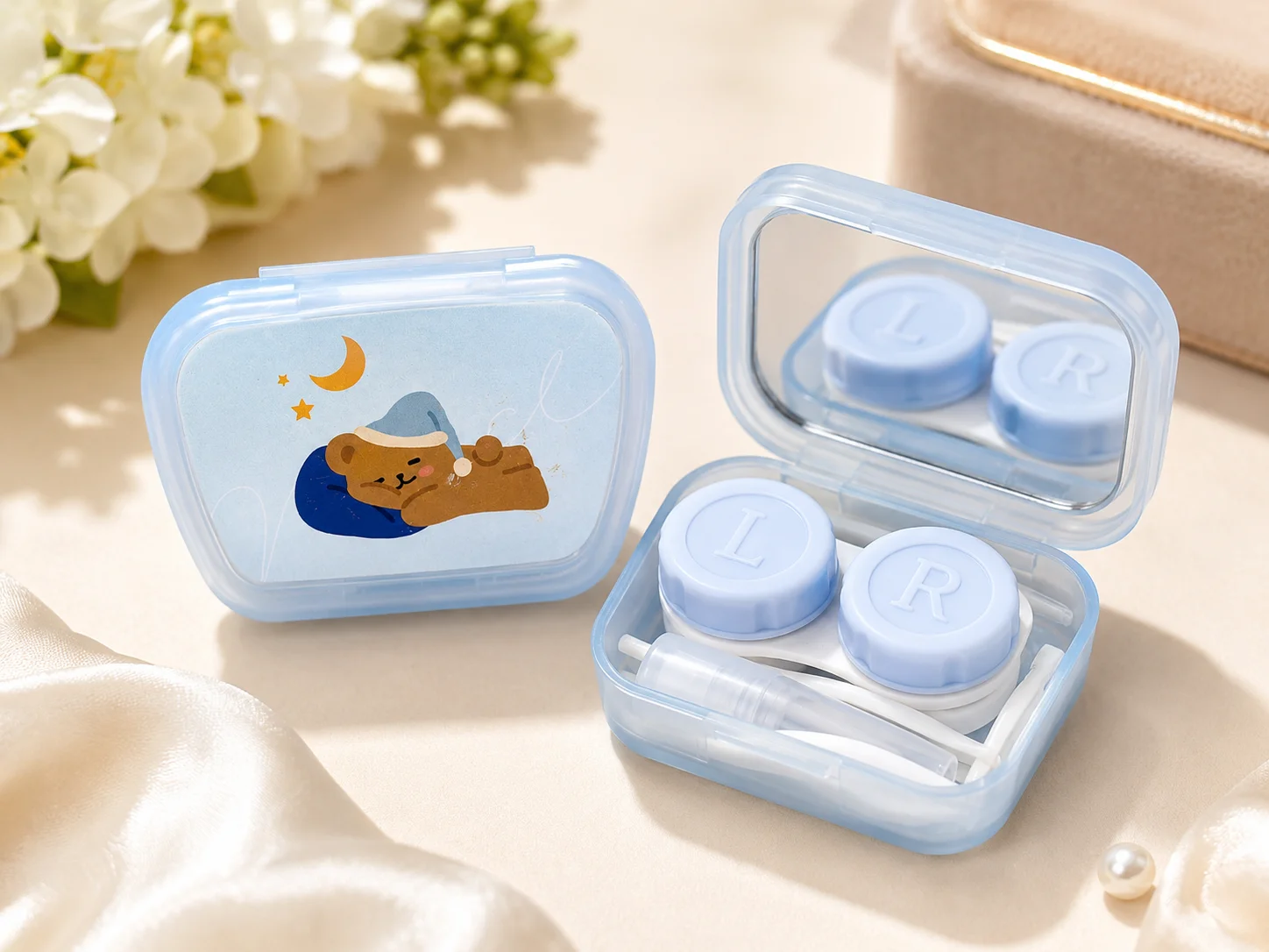Cute Sleeping Bear Contact Lens Travel Kit with Mirror – Portable Lens Case & Eye Care Set
