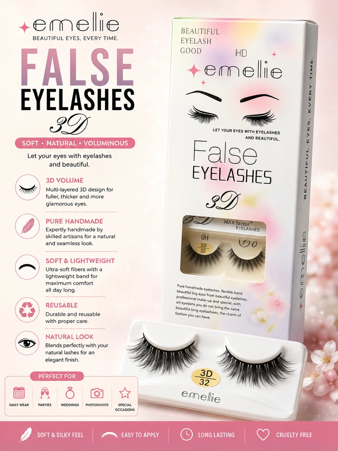 Emellie 3D False Eyelashes – Soft Natural Lightweight Lashes