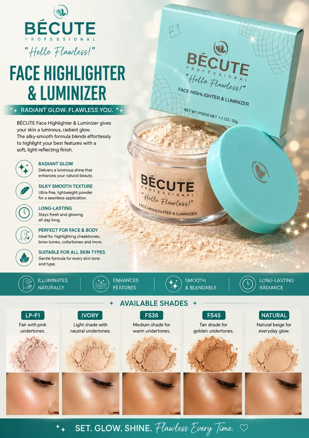 BÉCUTE Professional Face Highlighter & Luminizer