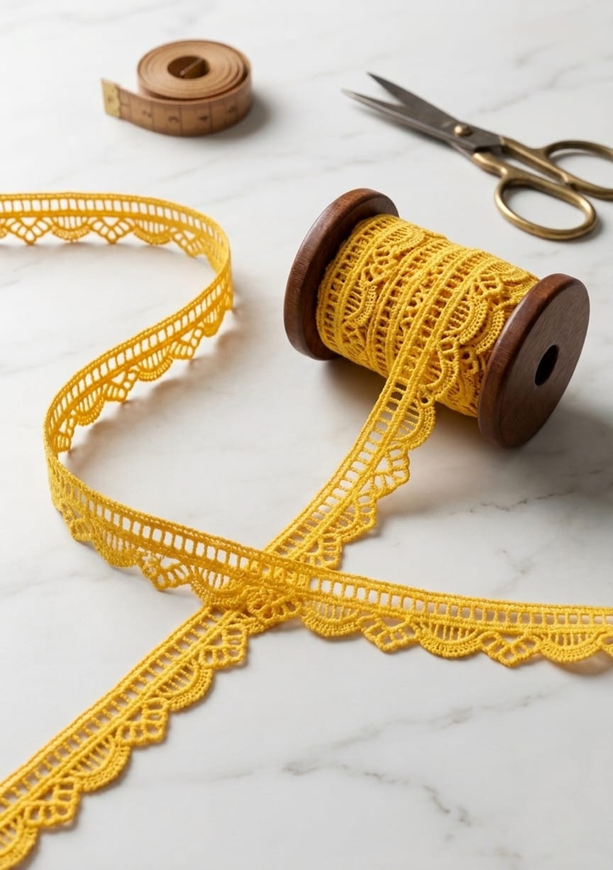 Vibrant Mustard Yellow Crocheted 'Milky Lace' Trim on a Traditional Wooden Spool